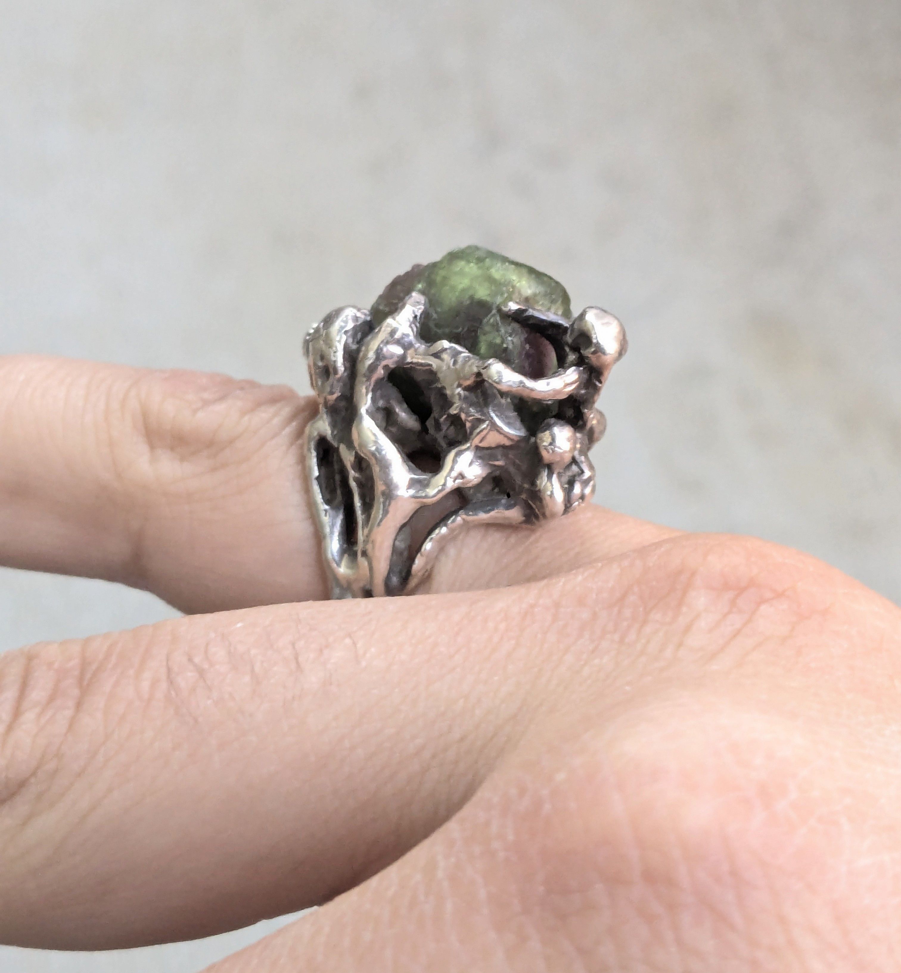 Vintage Vintage Sterling Silver Ring Watermelon Tourmaline Brutalist Size ONE SIZE - 2 Thumbnail