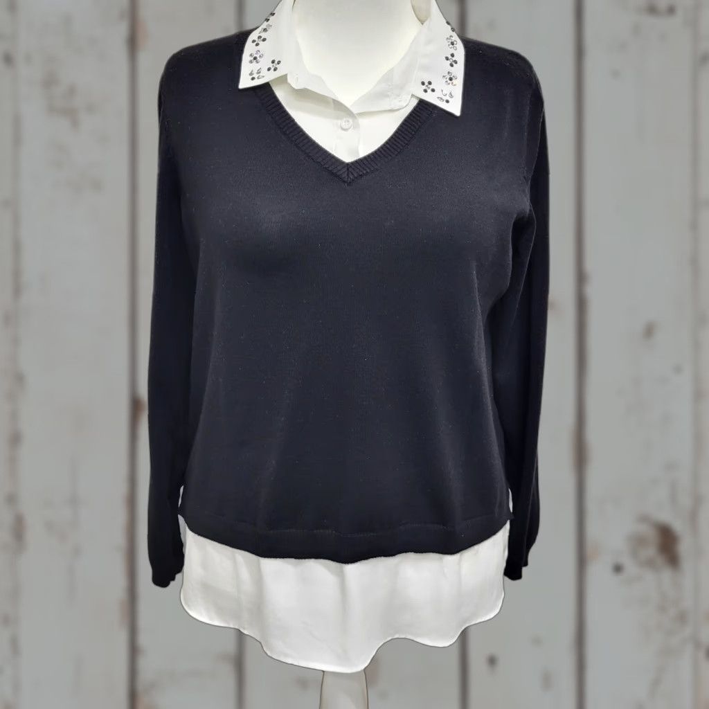 Adrianna Papell Adrianna Papell Twofer Sweater Women XL V-Neck Layered Sheath Black White Size XL / US 12-14 / IT 48-50 - 1 Thumbnail