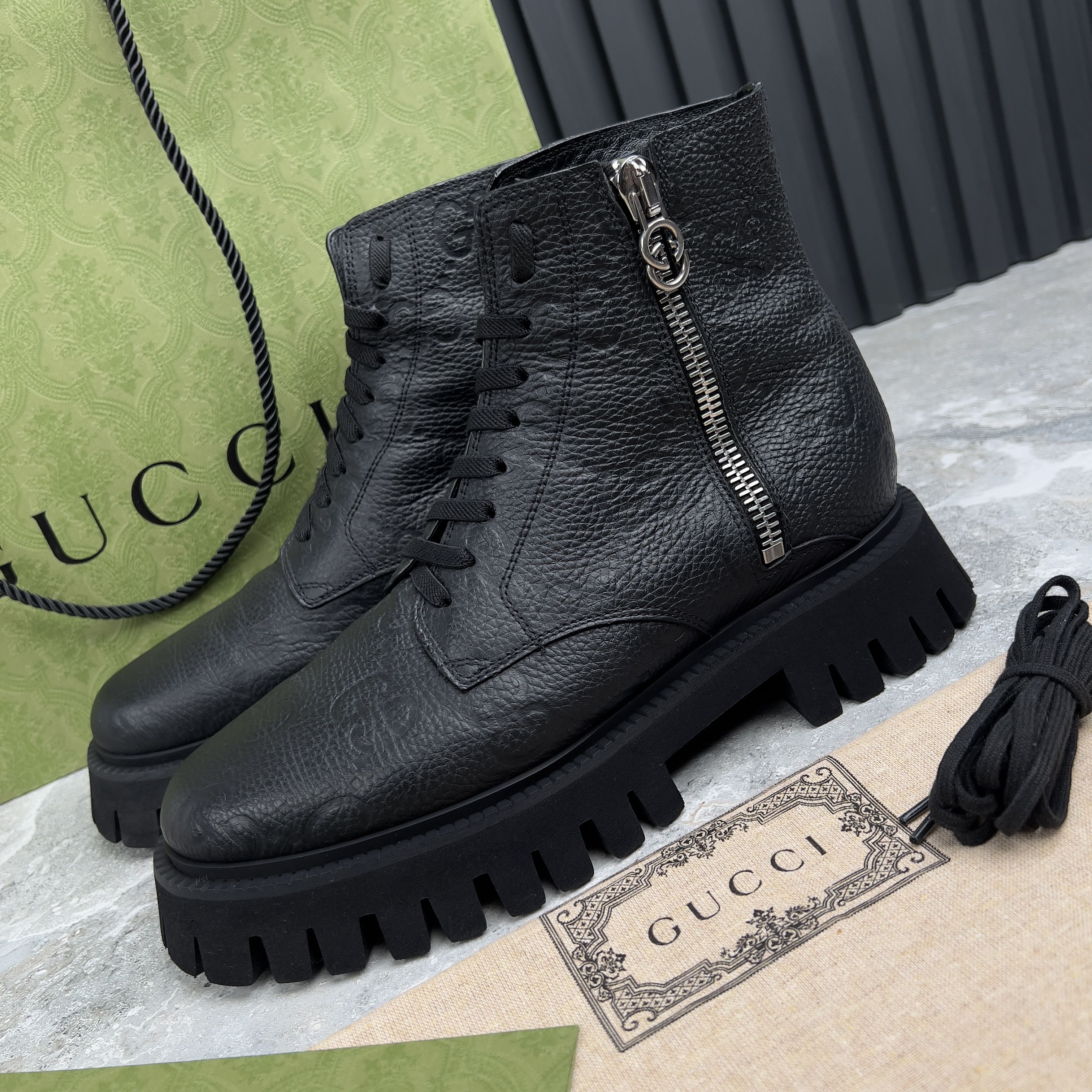 Gucci Combat Boots Interlocking G Monogram Side Zip Lug Sole