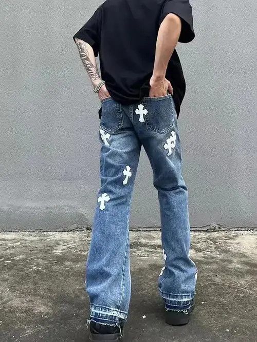 Japanese Brand High street cross-embroidery ripped micro-flare jeans Size US 32 / EU 48 - 3 Thumbnail