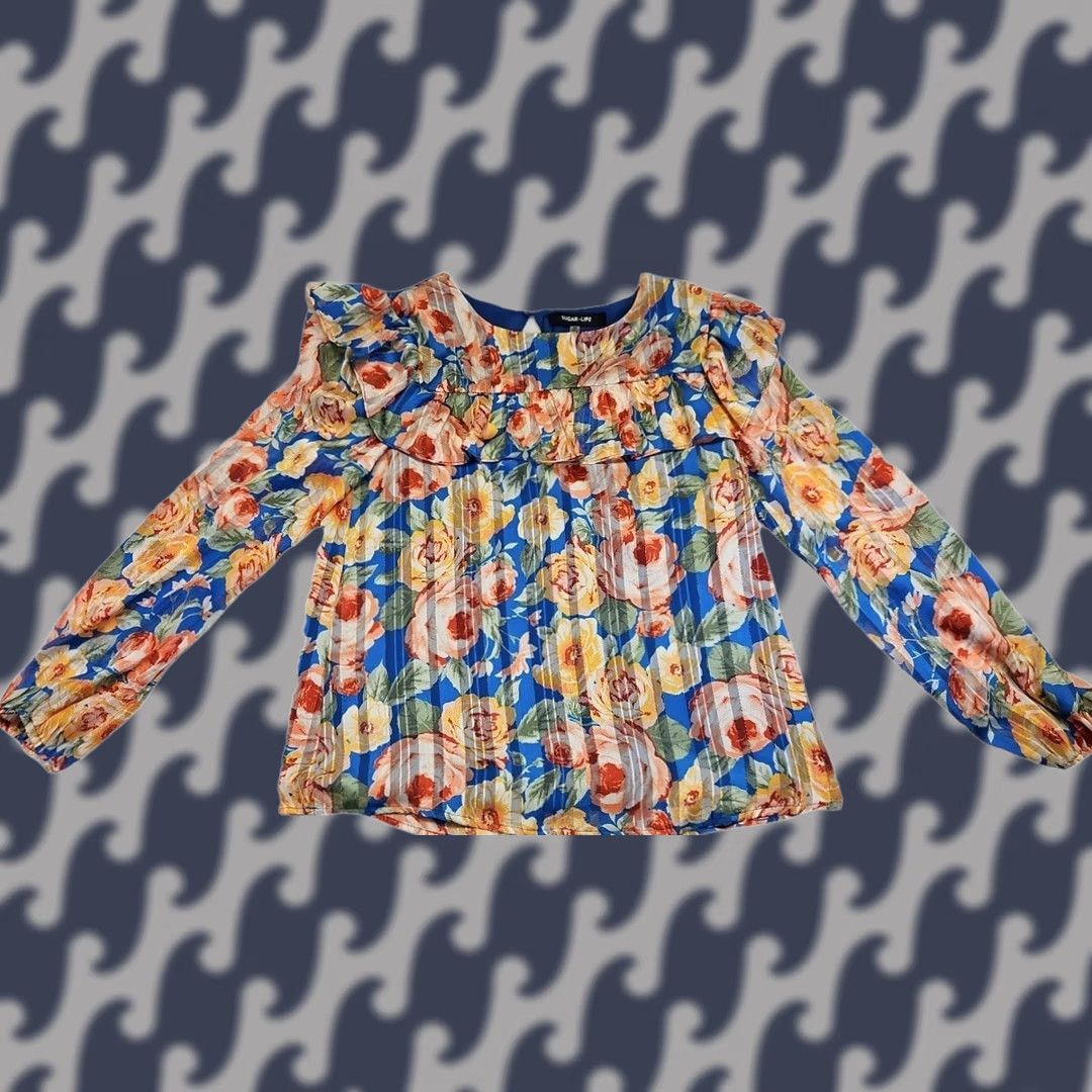 Sugar Sugar + Lipz XS Floral Peplum Blouse Blue Ruffle Cottagecore Romantic Top NWT Size XS / US 0-2 / IT 36-38 - 1 Thumbnail