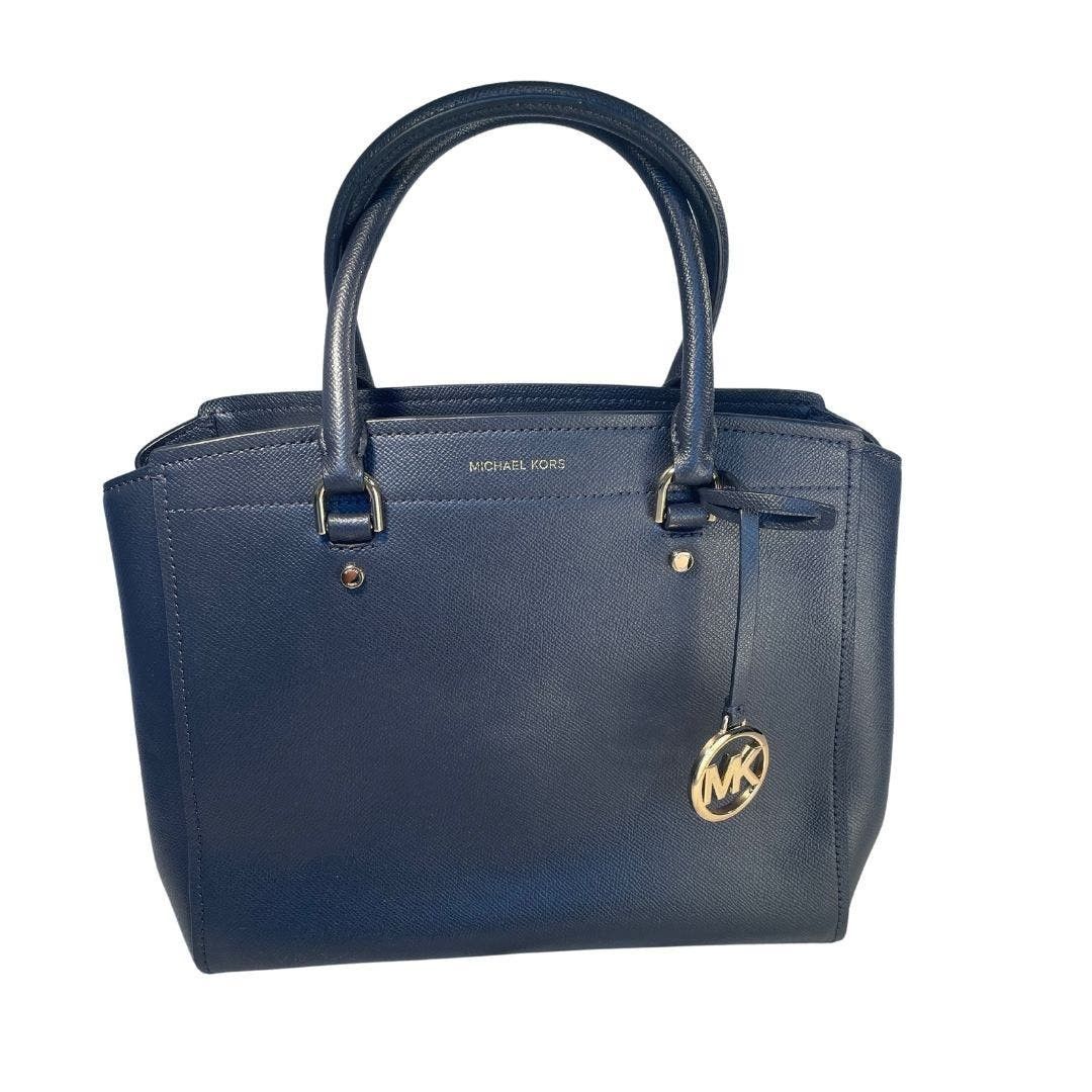 B15 MICHAEL KORS Benning Lg Satchel Cross Grain Leather Navy