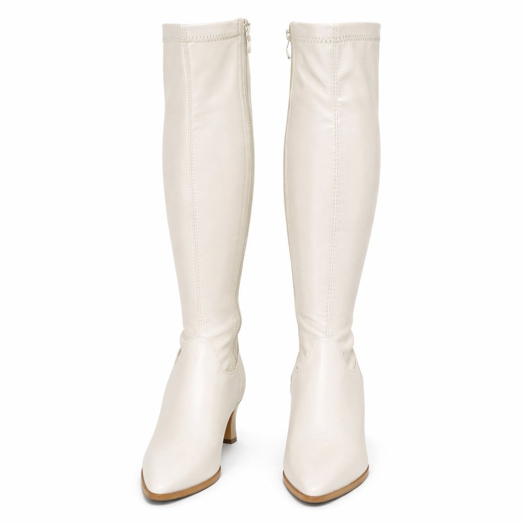 Other Kitty 2 White Stretch Matte Knee Boots 2.5" Kitten Heels Wid Size US 8.5 / IT 38.5 - 2 Thumbnail