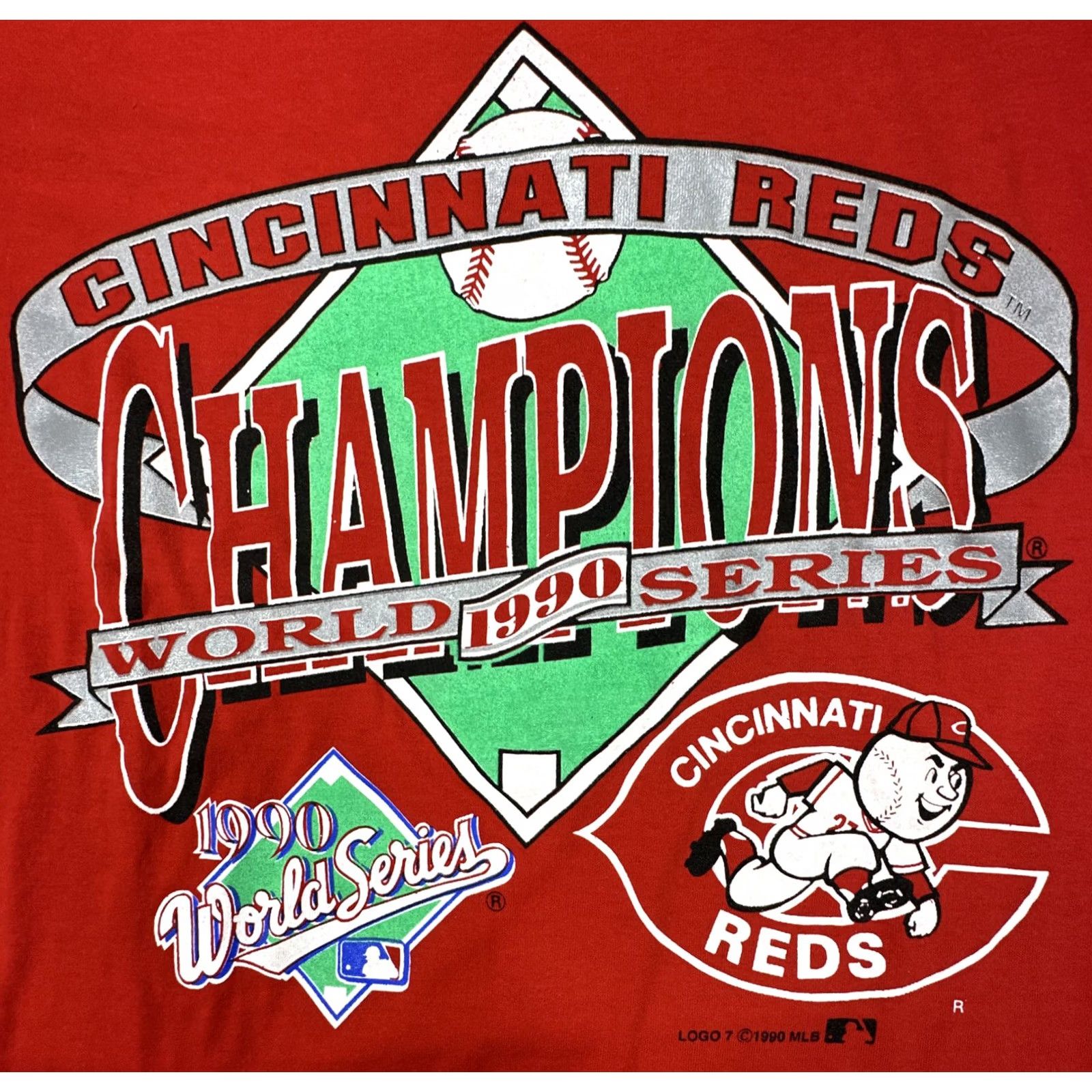 Logo 7 VINTAGE Cincinnati Reds Single Stitch T-Shirt 1990 World Series Champs XL Red Unisex Graphic Tee Size XL Shirt Size US XL / EU 56 / 4 - 6 Thumbnail
