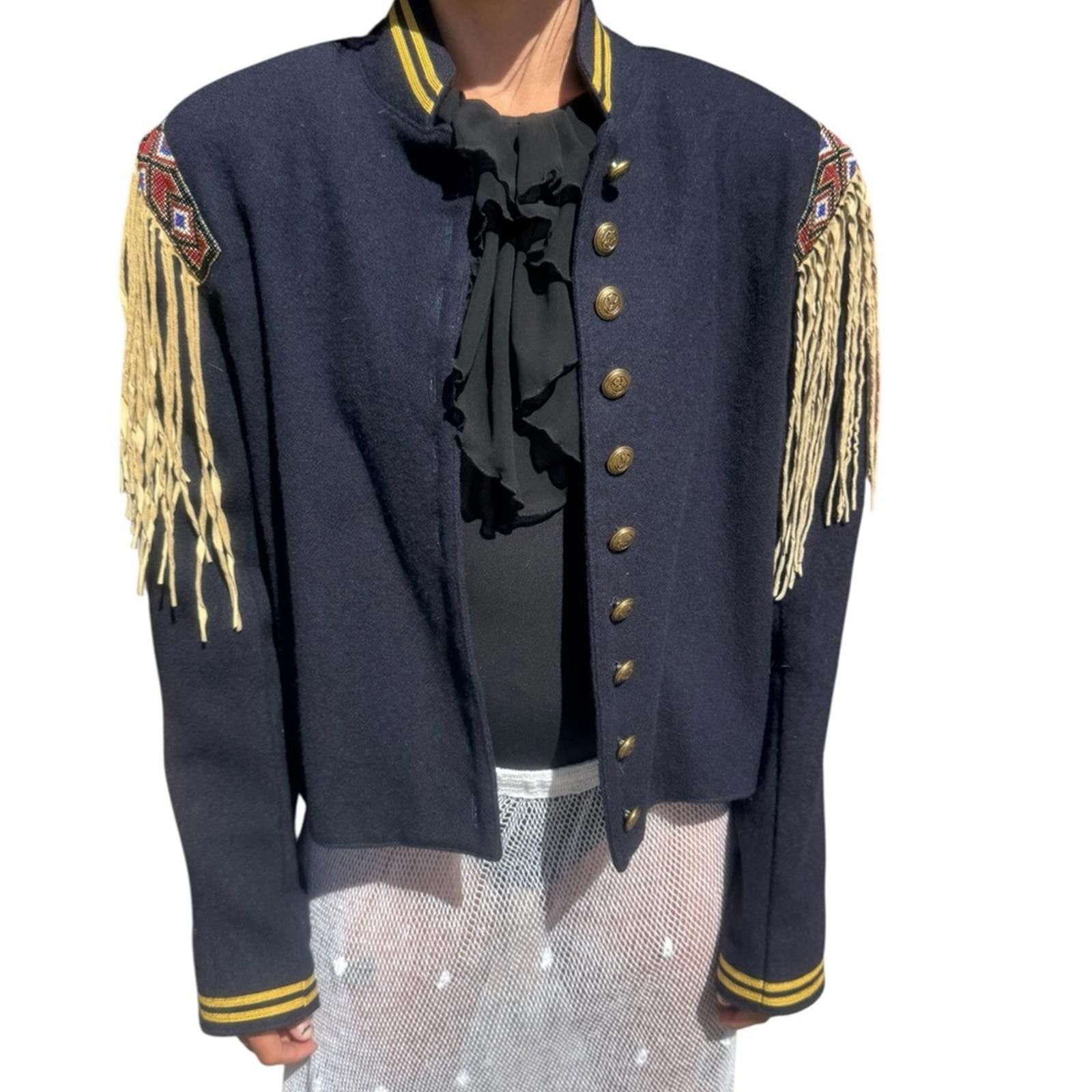 Designer Double D Ranch L Wool Navy Cropped Fringe Shoulder Jacket Size L / US 10 / IT 46 - 6 Thumbnail