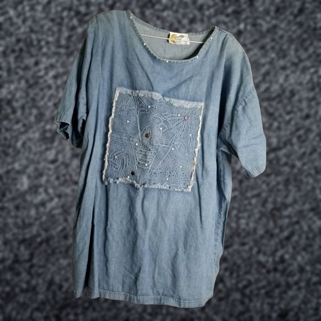 Vintage VINTAGE Copa Cabana Dress Women L Blue Beaded Jean Beach Cover Up O/S 80s Tunic Womens Size 36" / US 14 / IT 50 - 1 Thumbnail