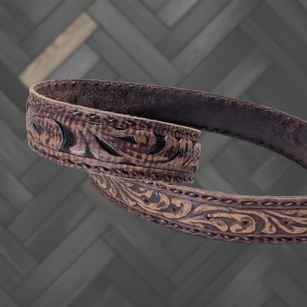 Vintage VINTAGE Justin belt TOOLED cowhide leather 38 western CUT-OUT belt Mens Brown Rodeo 1-1/2" width Size 38 - 1 Thumbnail