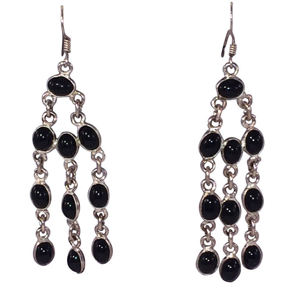 Handmade Sterling Black Onyx Bezel Set Cabochon Chandelier Earrings Size ONE SIZE - 1 Thumbnail