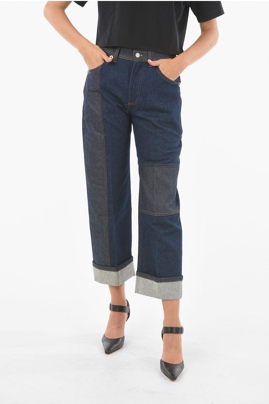 image of Neil Barrett Low Waist Tw-Tone Wide Tube Jeans in Blue, Women's (Size 28)
