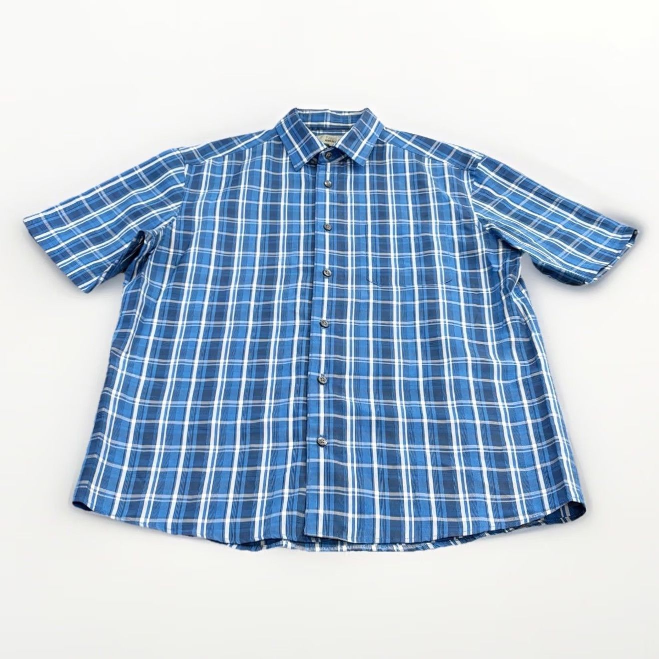 Marks & Spencer VINTAGE: No — M&S shirt blue check short sleeve, regular fit, easy care, polyester modal, button-up, Men, M Size US M / EU 48-50 / 2 - 2 Thumbnail