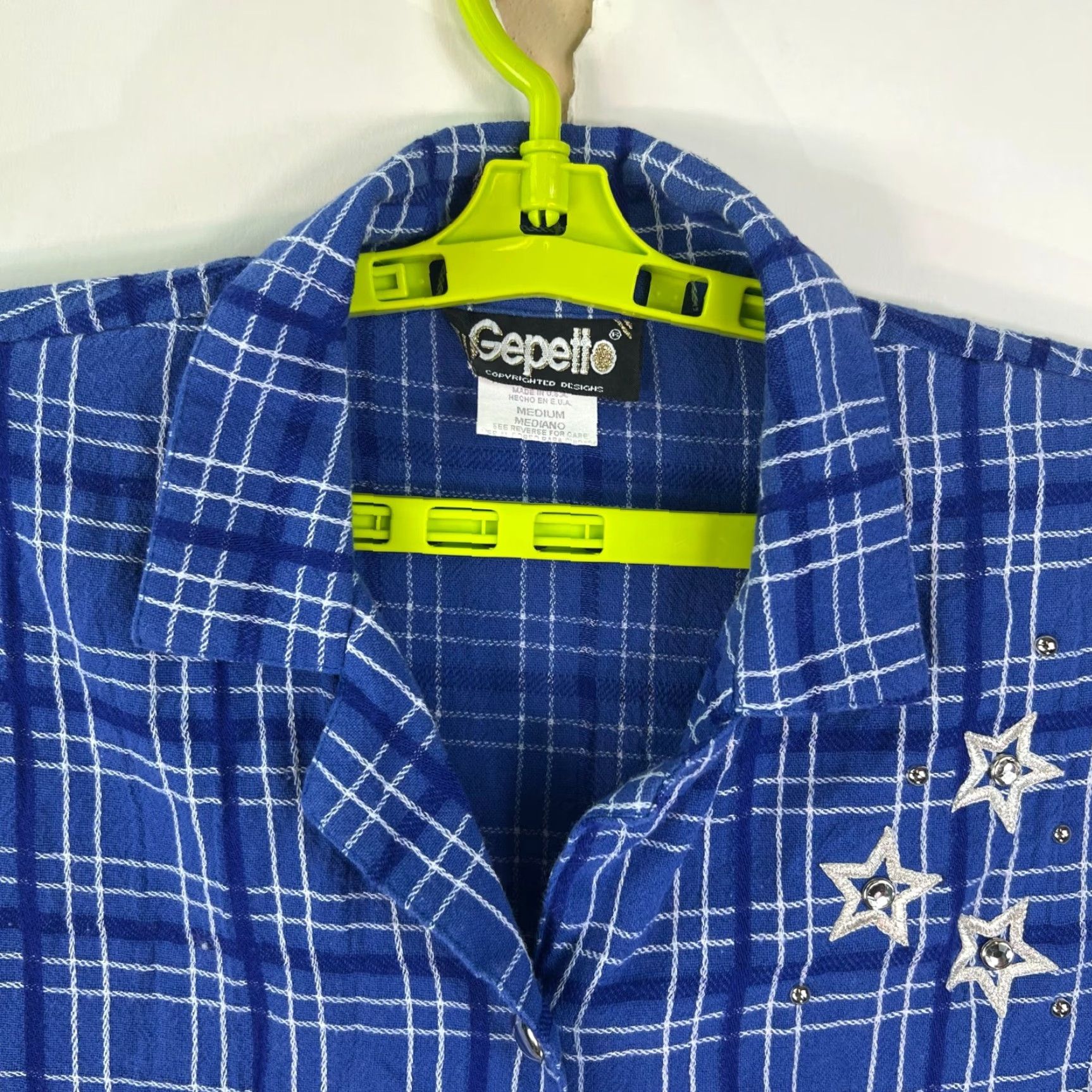 Repetto VINTAGE Gepetto Plaid Woven Button Up Casual Shirt Womens Size M Blue Sequin Stars Size M / US 6-8 / IT 42-44 - 3 Thumbnail