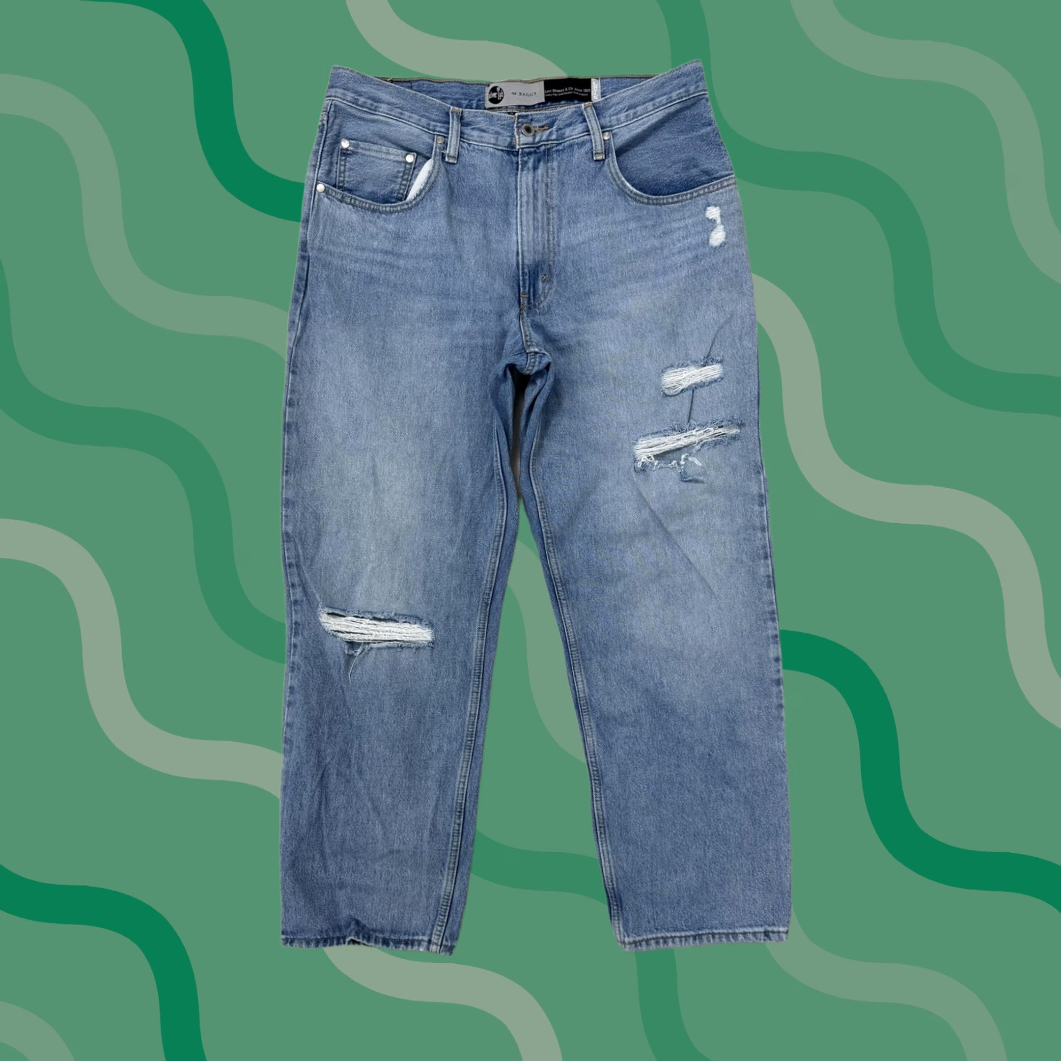 Levi's Levis SilverTab 94 Baggy Jeans Mens 34x32 Blue Light Wash Distressed Denim Jeans Distressed Pockets Logo Zip Mens Straight 34 32 Jeans Blue Size US 34 / EU 50 - 1 Thumbnail