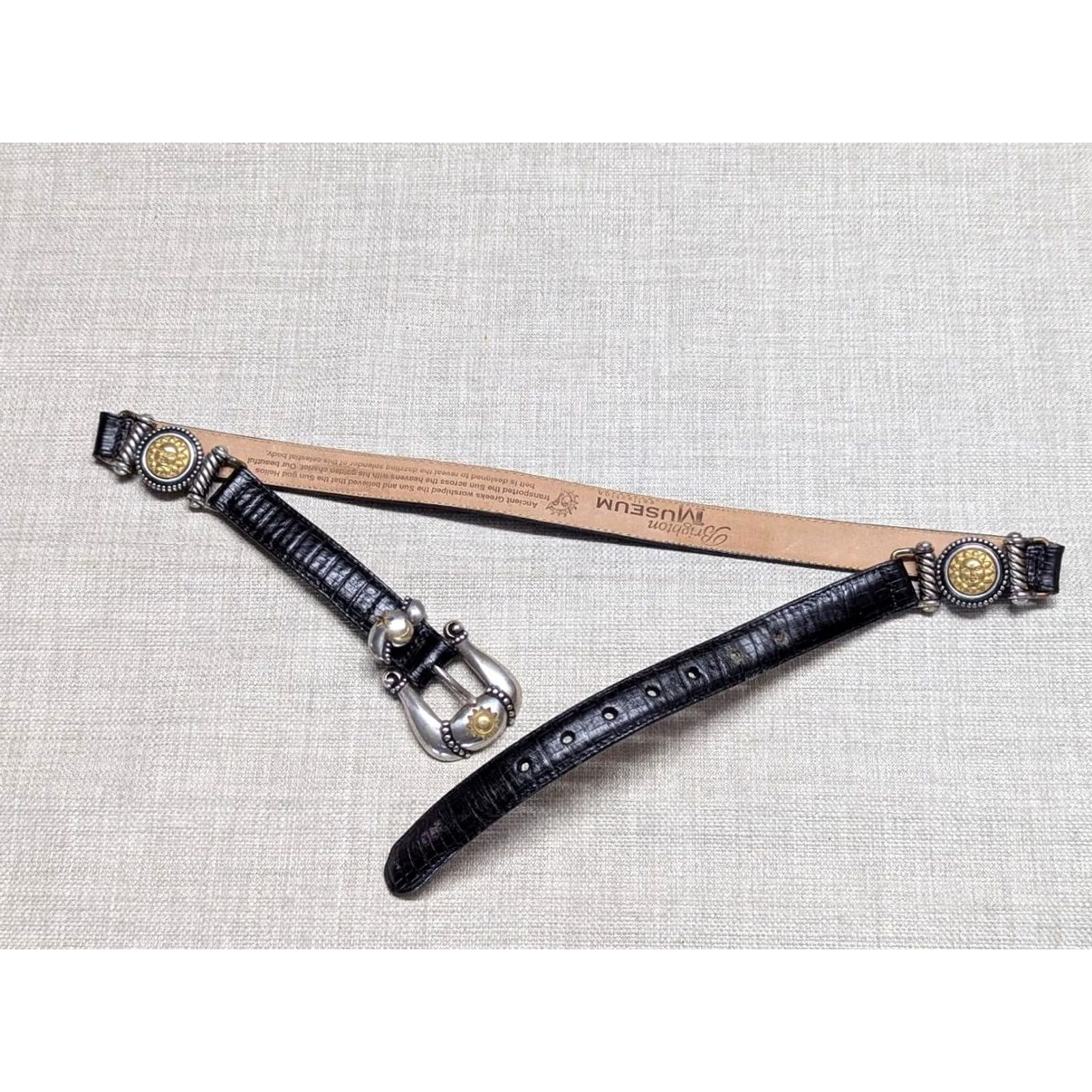 Brighton VINTAGE Brighton Greek Glam belt, 30 in Black Leather, 7/8" width, Greek pattern, Womens, Size S, belt with metal embellishments, 1990s, belt Size ONE SIZE - 2 Thumbnail