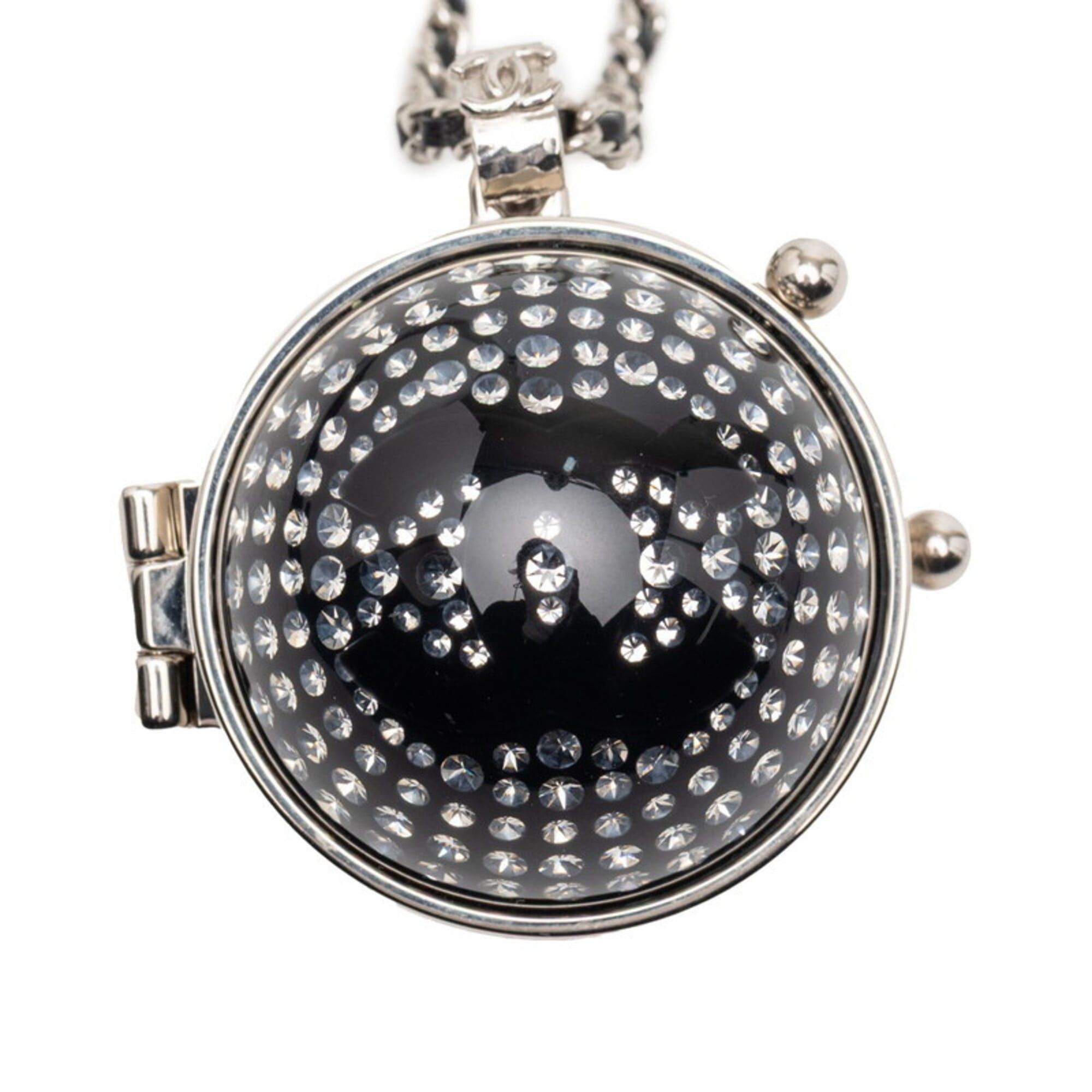 Chanel Chanel Coco Mark Rhinestone Mirror Necklace, Silver, Black Metal Leather, Women's CHANEL Size ONE SIZE - 1 Thumbnail