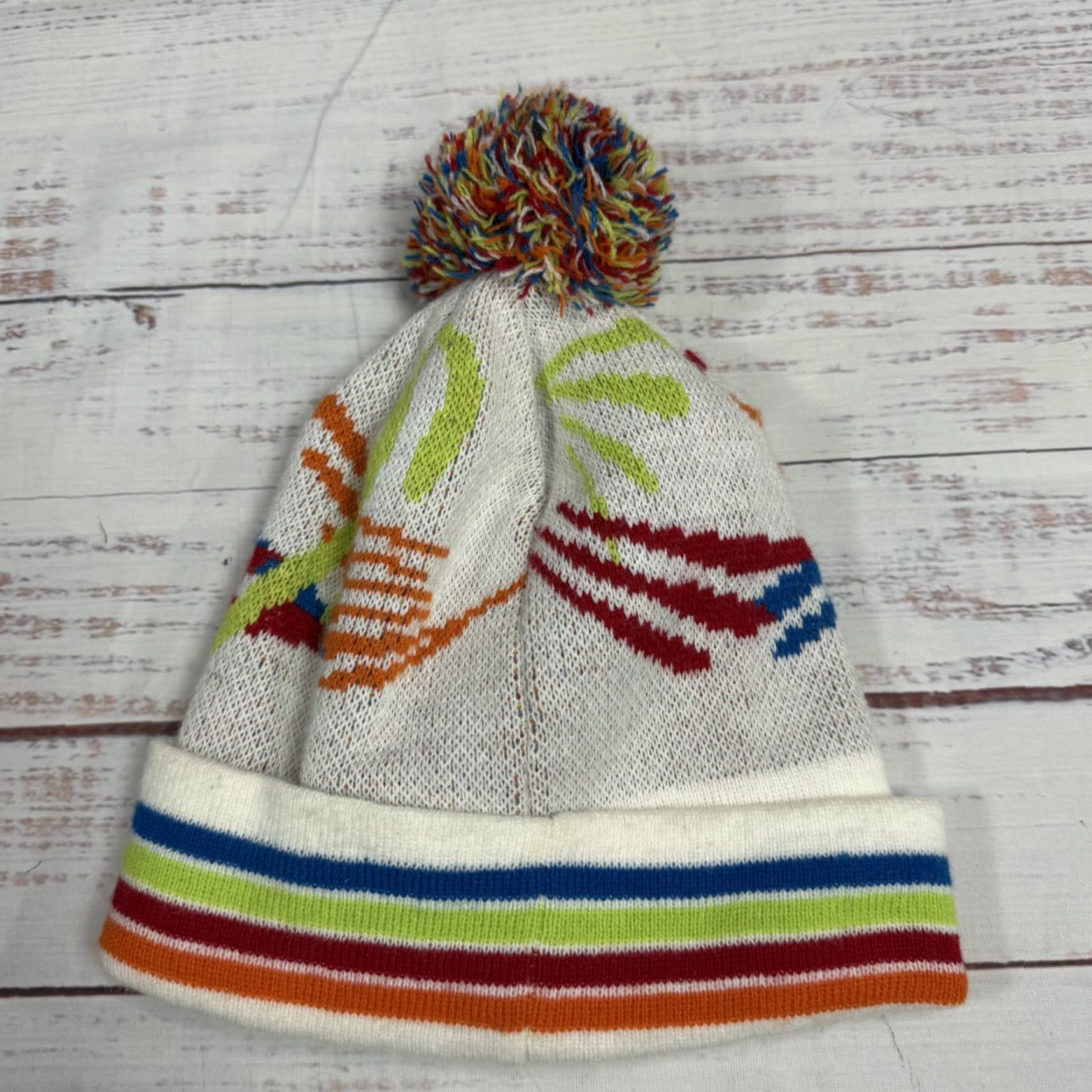 Vintage Vail Beaver Creek 2015 Alpine Ski Knit Hat Beanie White Blue Pom Pom One Size Unisex Adults Knit Striped Cotton Blend Winter Size ONE SIZE - 4 Thumbnail