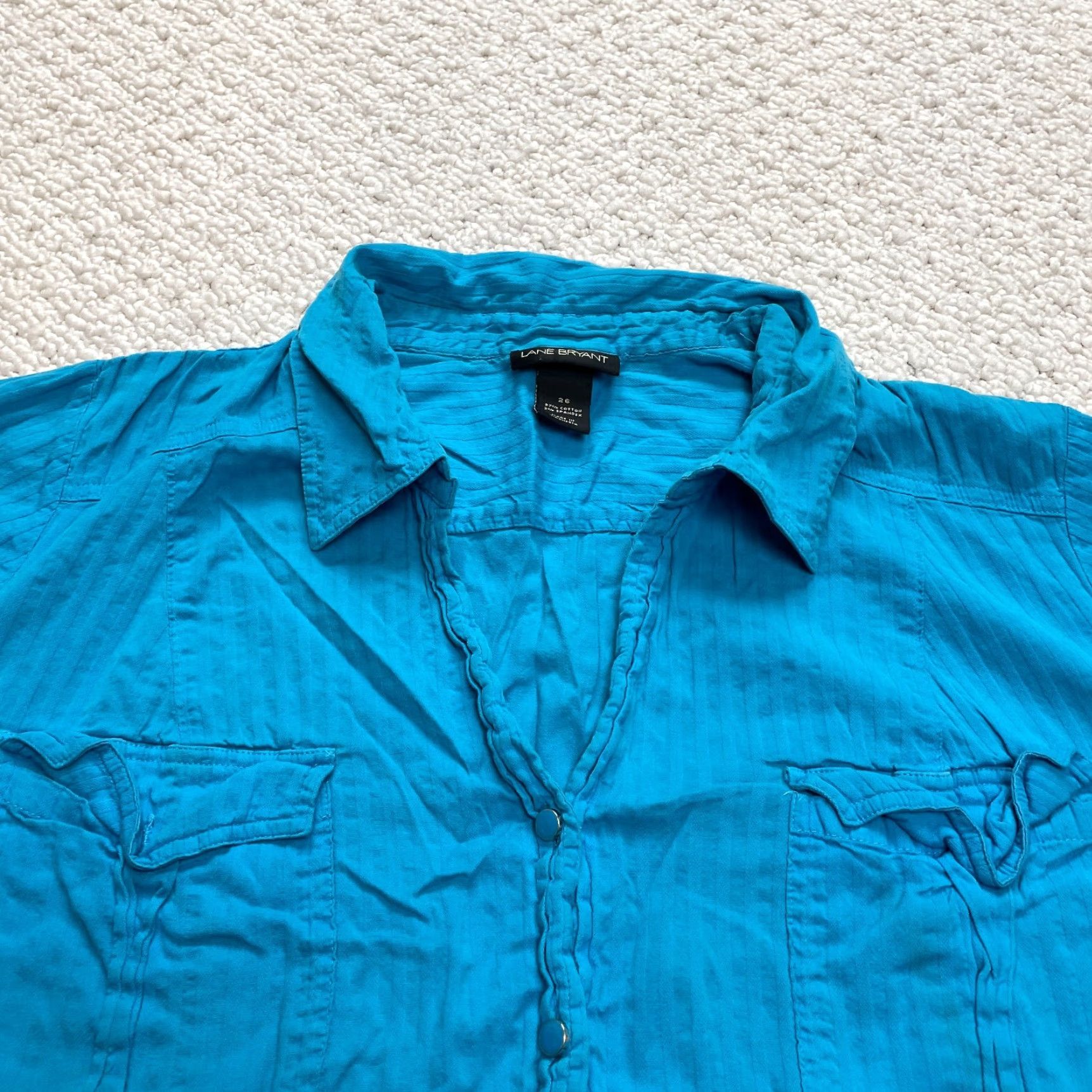 Vintage Lane Bryant Button-Up Shirt Womens 26 Blue Solid Short Sleeve Pockets Casual 26W Blue Cotton Polyester Knit Buttoned Size 4XL / US 24-26 - 7 Thumbnail