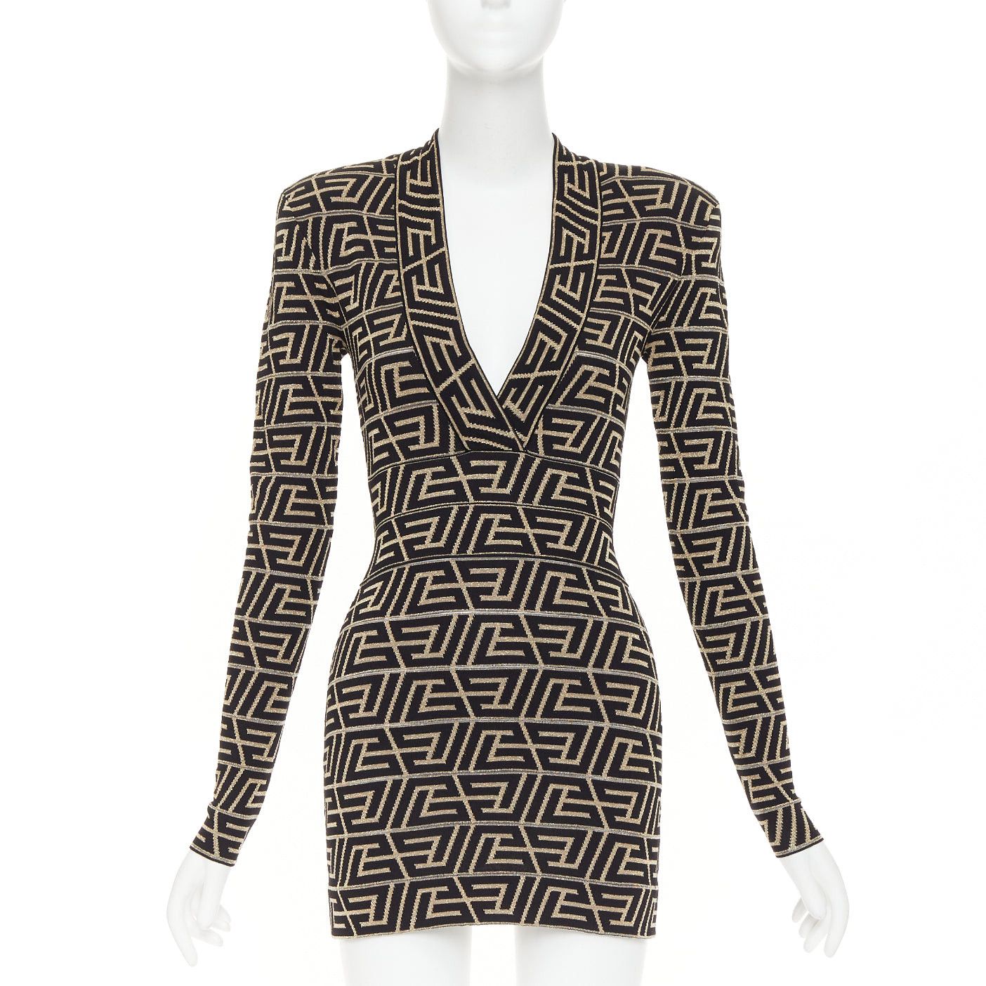 balmain gold and black dress BALMAIN Monogram Knit geometric metallic brocade jersey dress fabric: viscose shine