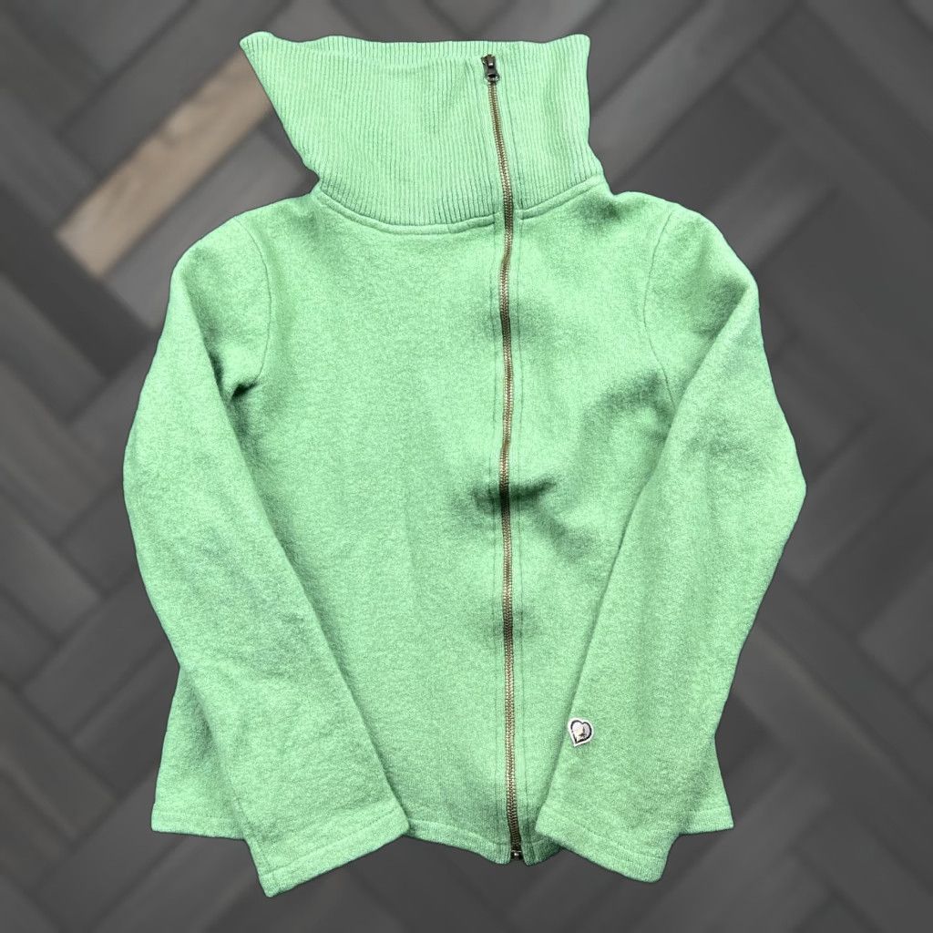 Vintage KÜHL Sweater Women L Sage Green 100% Merino Wool Full Zip Funnel Neck Raglan Sleeve Pockets Solid Breathable Vintage No (omit N/A) Size L / US 10 / IT 46 - 1 Thumbnail
