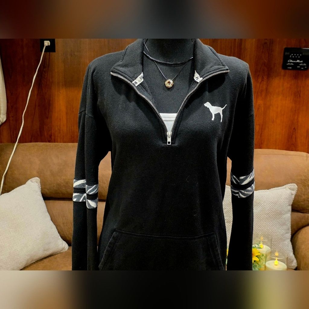 Victoria's Secret PINK Black Quarter-Zip Women's Sweatshirt with Dog Logo Size M / US 6-8 / IT 42-44 - 2 Thumbnail