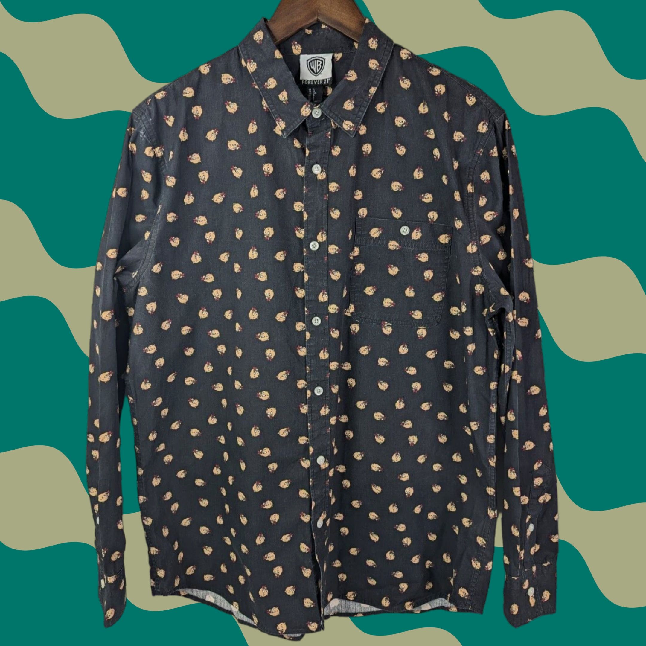 Forever 21 FOREVER 21 Warner Bros Porky Pig Long Sleeve Button Front Shirt L Black Cotton Mens Button-Up 90s Theme Size US L / EU 52-54 / 3 - 1 Thumbnail