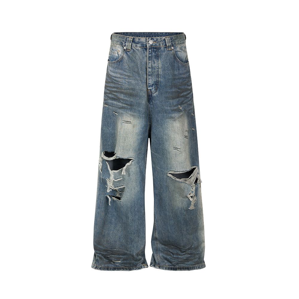 image of Frayed Damaged Hole Baggy Unisex Wide Leg Jeans Casual Ropa in Blue Fade, Men's (Size 30)