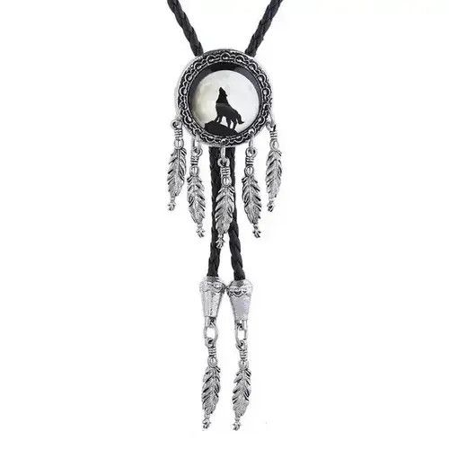 Cowboy Equipment Western White Moon Wolf Feather Bolo Tie Size ONE SIZE - 1 Thumbnail