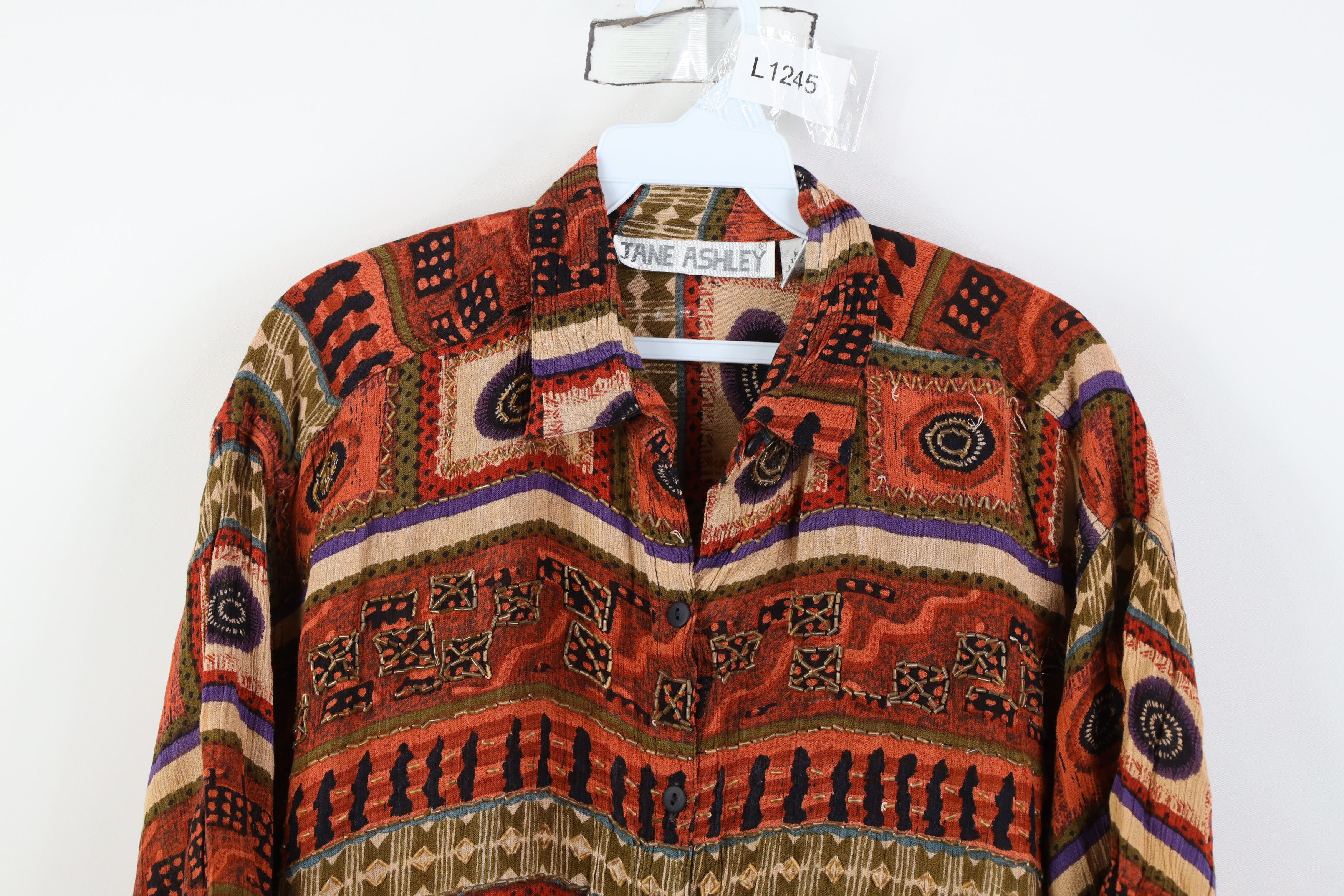 Vintage Vintage 90s Streetwear Beaded Abstract Button Shirt Size L / US 10 / IT 46 - 2 Thumbnail