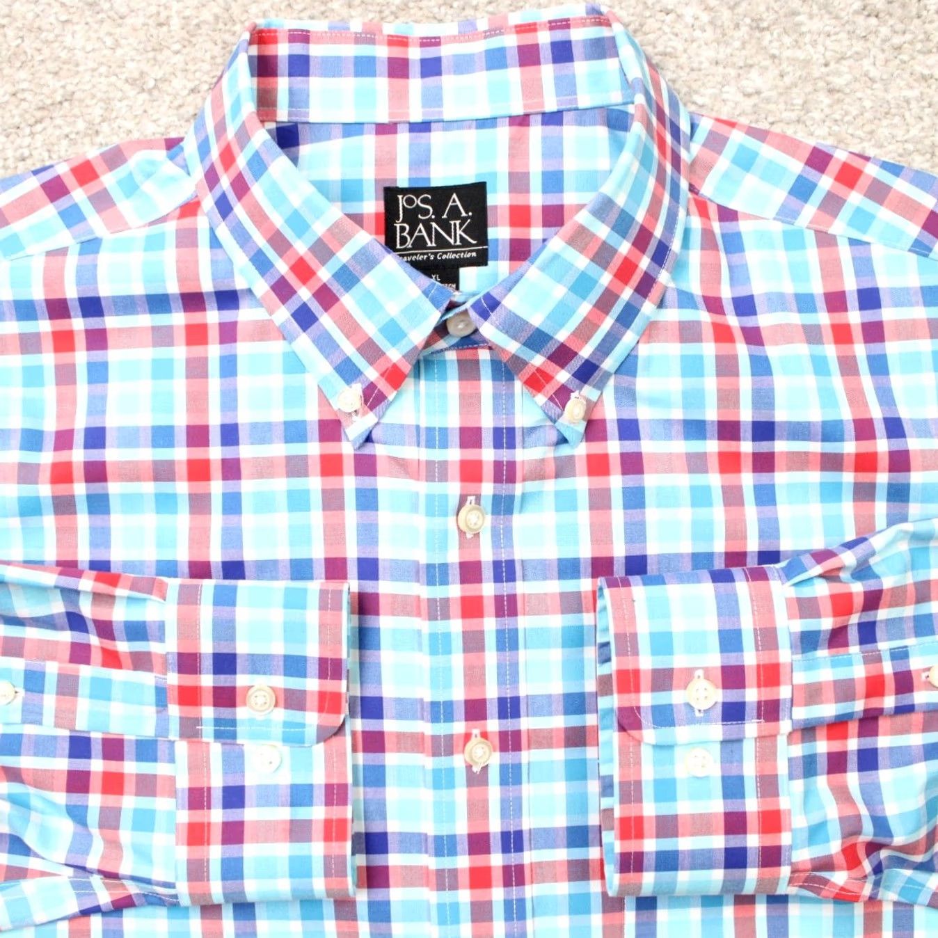 Jos. A. Bank Jos. A. Bank Shirt Mens XL Pink/Blue Traveler's Collection Cotton Long Sleeve Button-Up Plaid Classic Colors Mens XL Pink & Blue Size US XL / EU 56 / 4 - 2 Thumbnail