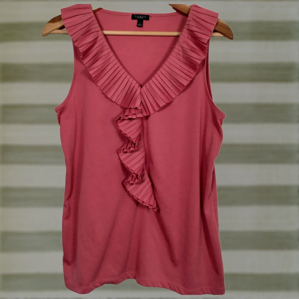 Talbots Talbots Tank Top Size L Pink Rose Pleated Trim V Neck Sleeveless Knit Polyester Rayon Size L / US 10 / IT 46 - 1 Thumbnail