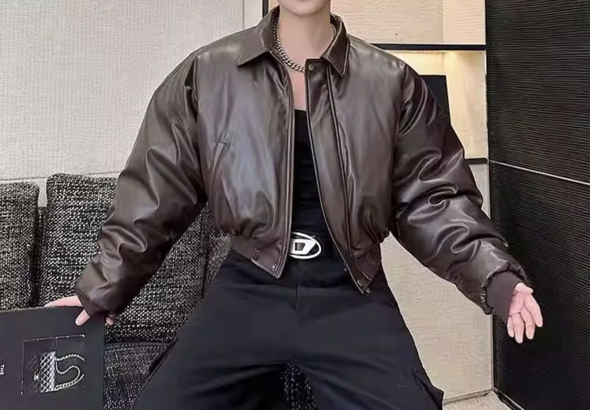 Japanese Brand CROPPED Vegan Leather Bomber Jacket - Boxy Streetwear Puffer Size US M / EU 48-50 / 2 - 11 Thumbnail
