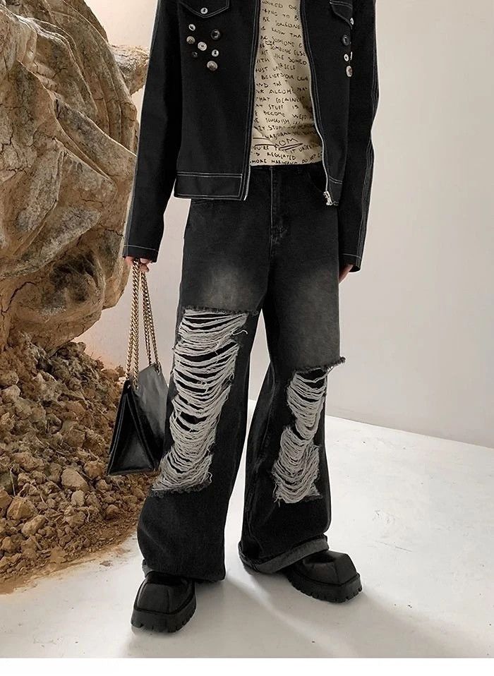 Jean × Vintage Baggy distressed ripped wide leg y2k jeans Size US 32 / EU 48 - 10 Thumbnail