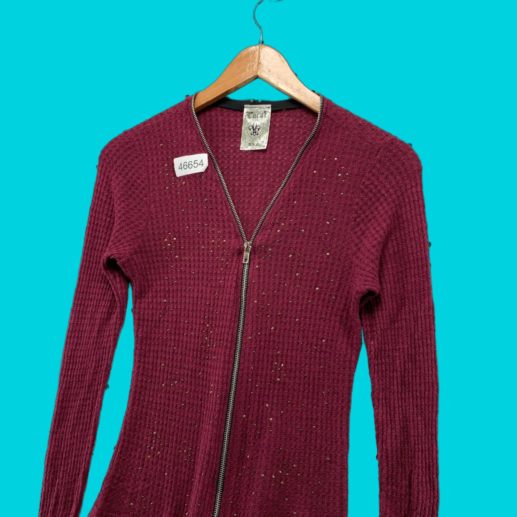 Vintage VINTAGE Vocal Thermal Zip Top Jacket Womens M Embellished Red USA Wool/Waffle Knit - 90s? Size M / US 6-8 / IT 42-44 - 1 Thumbnail
