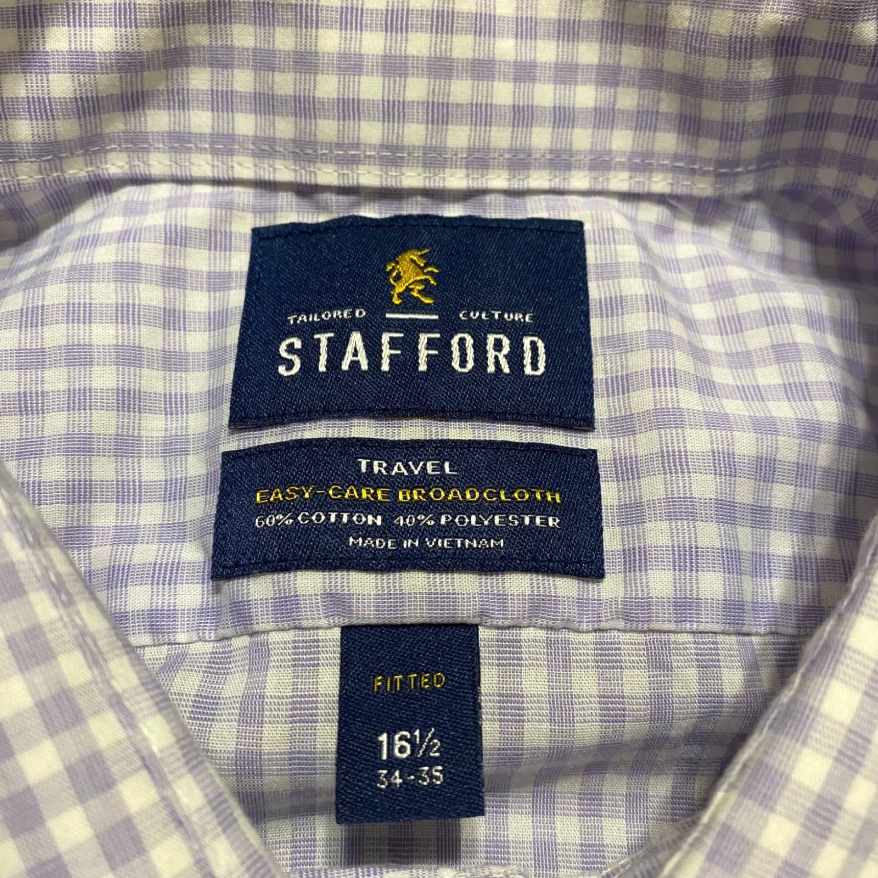 Stafford Stafford Dress Shirt Purple Plaid Long Sleeve Button-Front Fitted Mens 16.5 Classic Business Casual Travel Cotton Polyester Size 46R - 3 Thumbnail
