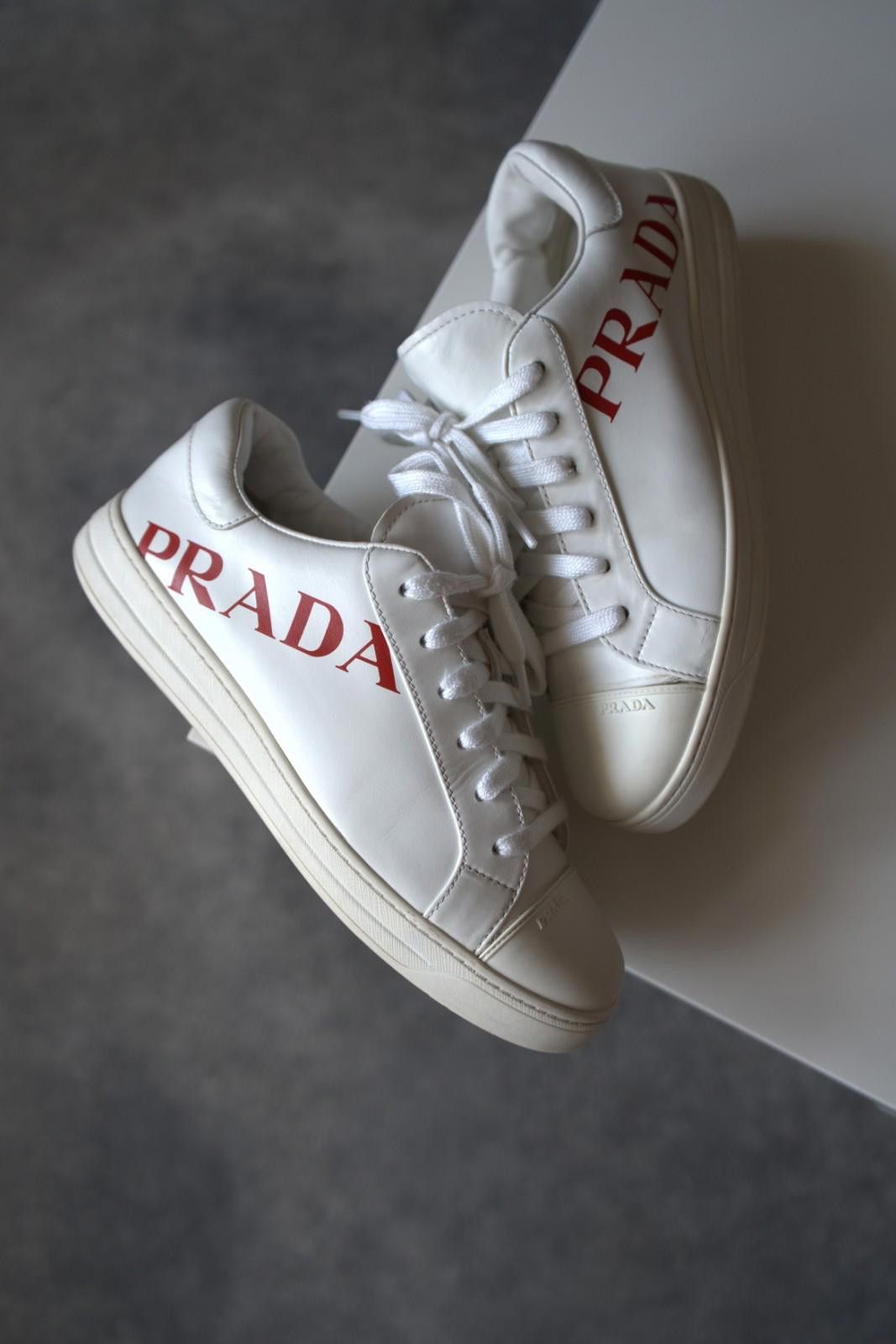 Prada Prada Logo Leather Low Sneakers White / Red Women US8.5 Size US 6 / IT 36 - 4 Thumbnail