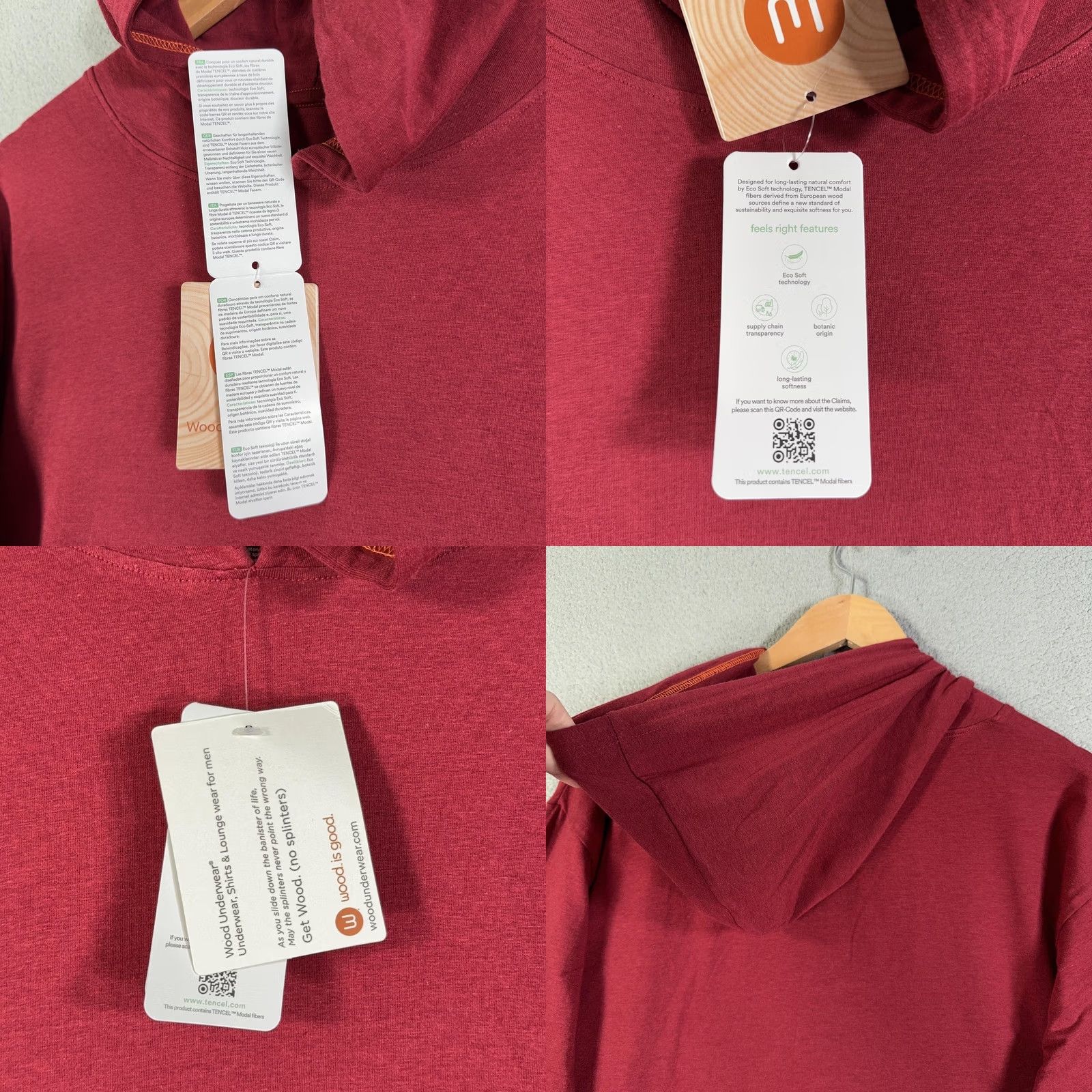 Vintage Wood Underwear Hoodie Mens XL Red Tencel Modal Cotton Long Sleeve Lounge Shirt Size US XL / EU 56 / 4 - 8 Thumbnail