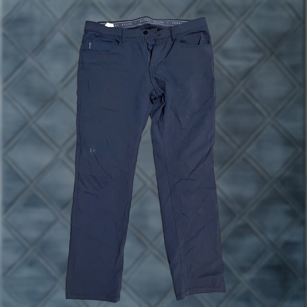 Perry Ellis Perry Ellis Slim Fit Flat Front Pants Men's 34x29 Navy Blue Viscose Nylon Elastane Stretch Khakis Flat Front Casual Size US 34 / EU 50 - 1 Thumbnail