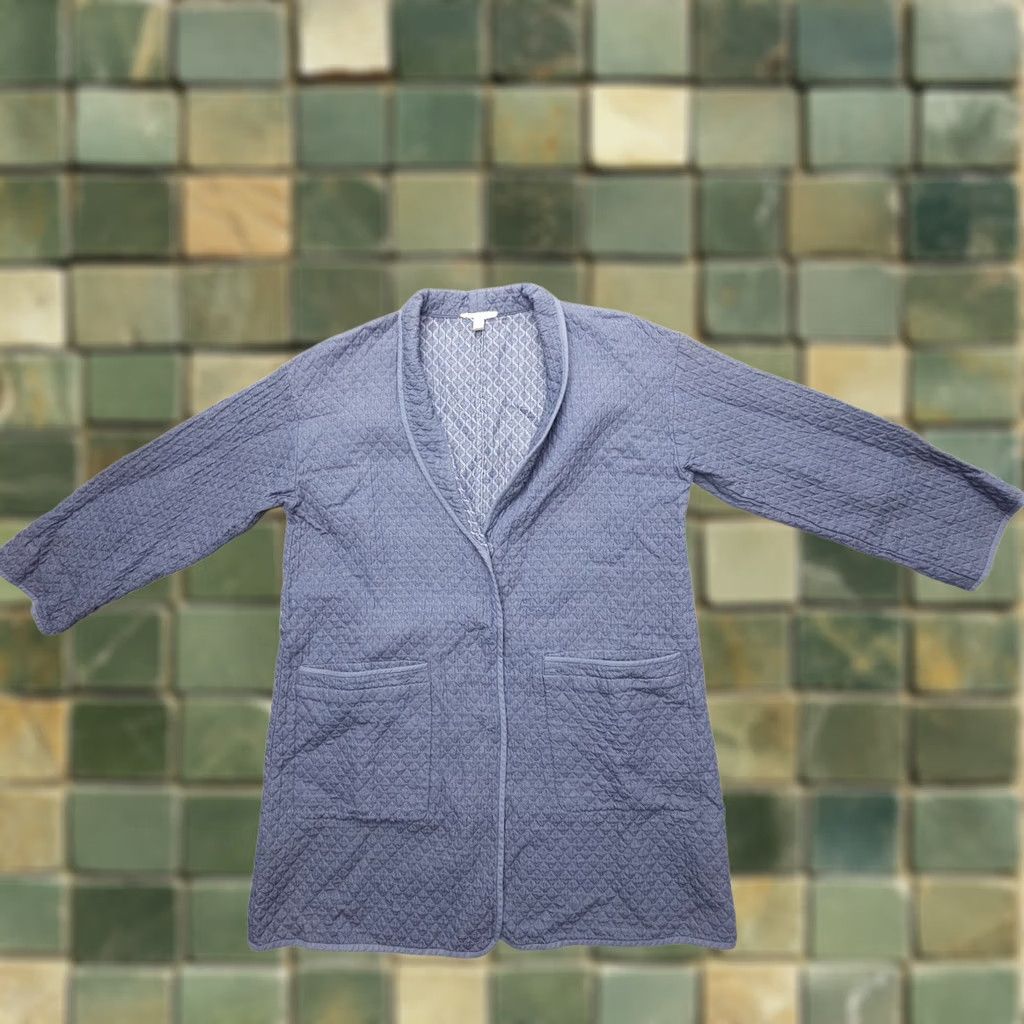 Eileen Fisher Eileen Fisher Quilted Kimono Jacket Small Cotton Pockets Shacket Geometric Knit 3/4 Sleeve Snap Front Blue Womens Vintage No Ladies Mens Size S / US 4 / IT 40 - 1 Thumbnail