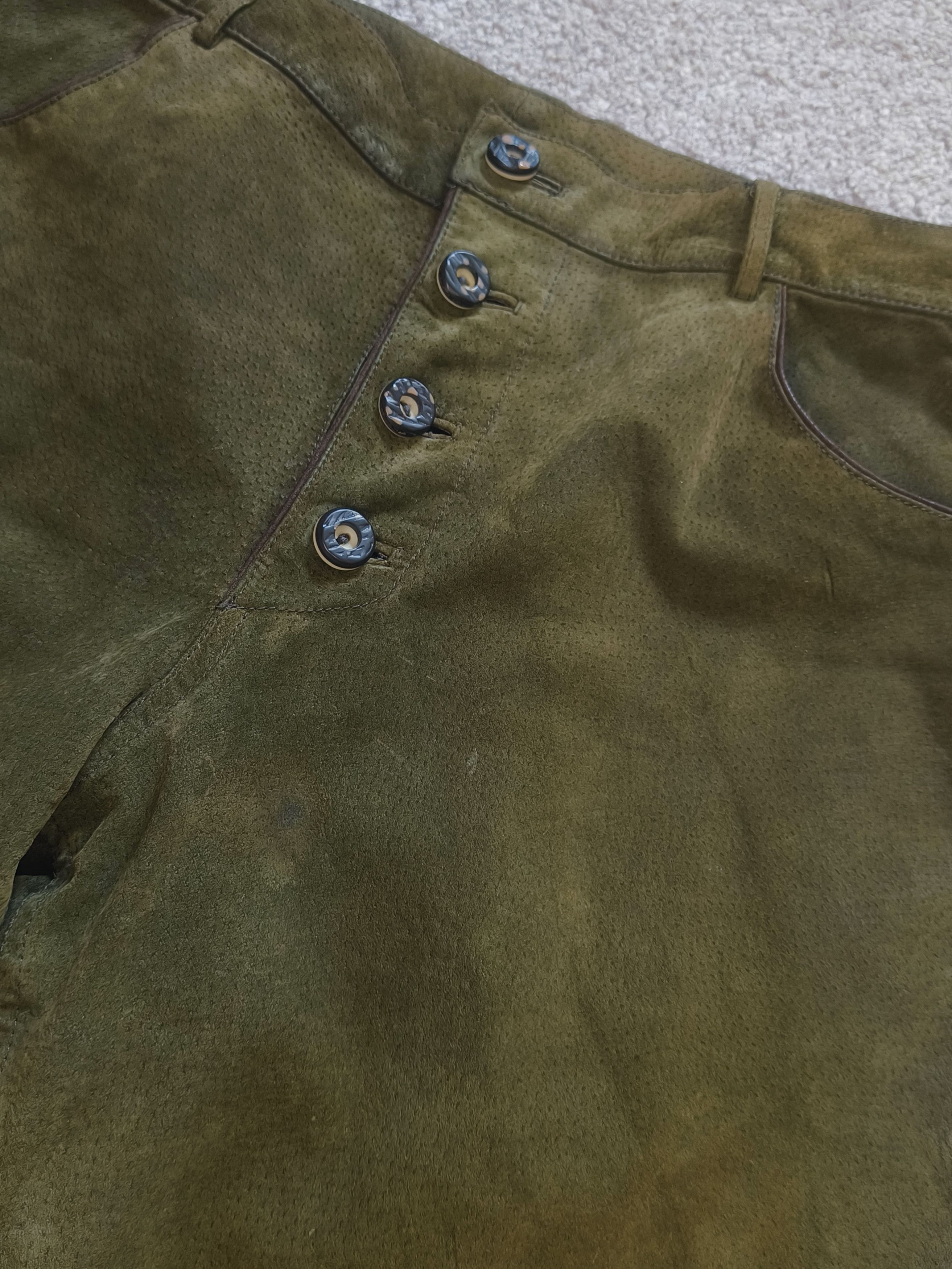 Genuine Leather Vintage Olive Green Button-Fly Leather/Suede Pants Size US 38 / EU 54 - 2 Thumbnail