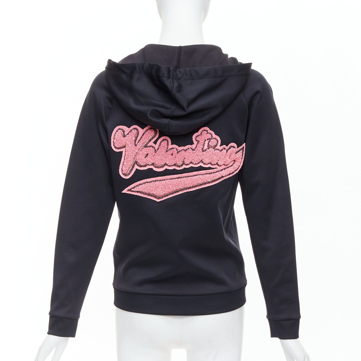 Valentino VALENTINO red pink velvet lipstick beaded applique black hoodie S Size S / US 4 / IT 40 - 1 Thumbnail