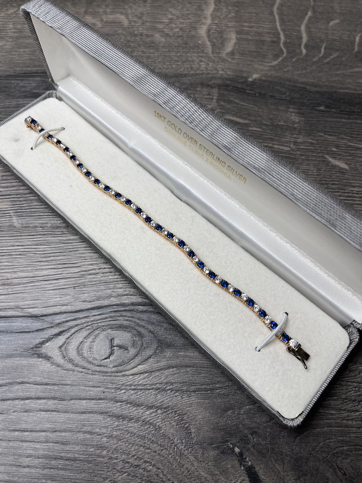 Other 18K Gold Sterling Silver Blue White CZ Tennis Bracelet Boxed Size ONE SIZE - 1 Thumbnail