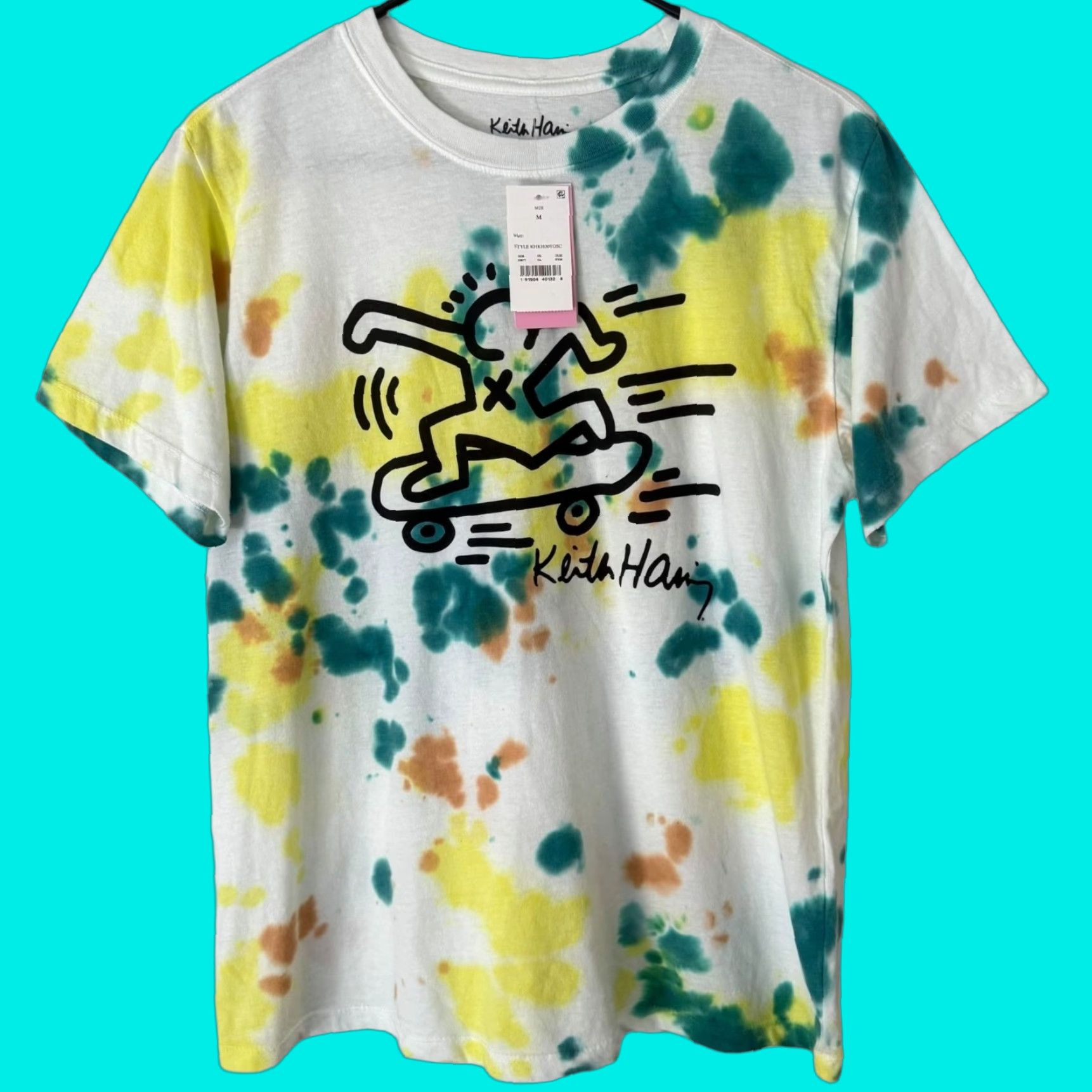Keith Haring Skateboarding Tie-Dye Shirt M Men Graphic Tee Multicolor Cotton Blend Short Sleeve Retro Art Tie Dye New
