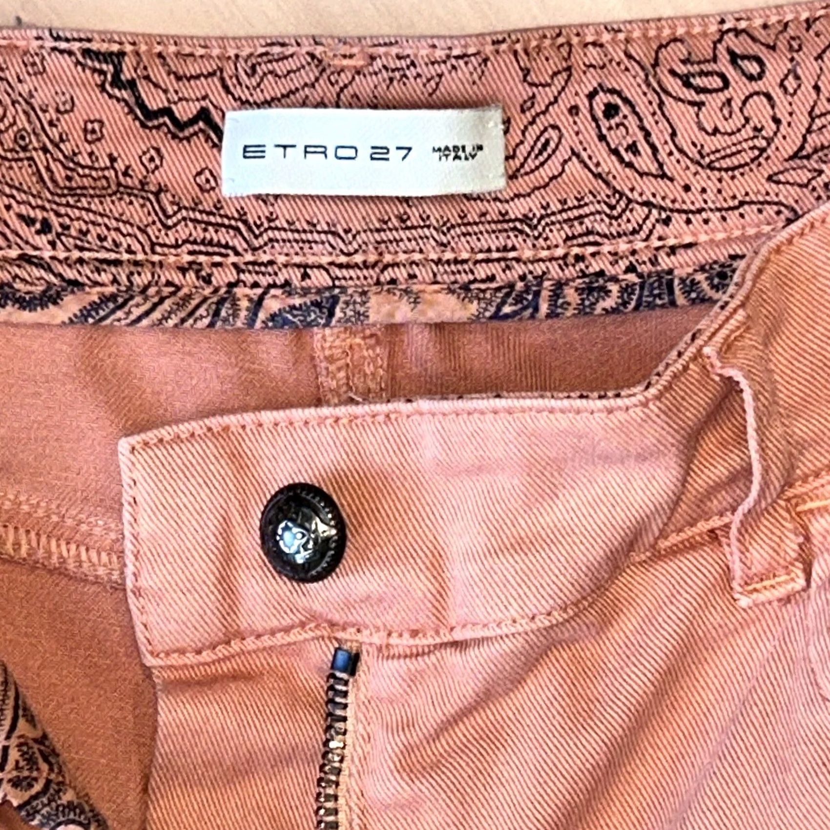 Etro ETRO Milano Jeans Flared Cotton Denim Pink 27x28 Womens Regular 5-Pocket Embroidered Zipper Button Raw Hem Stretch Bohemian Urban City Designer Size 27" / US 4 / IT 40 - 5 Thumbnail