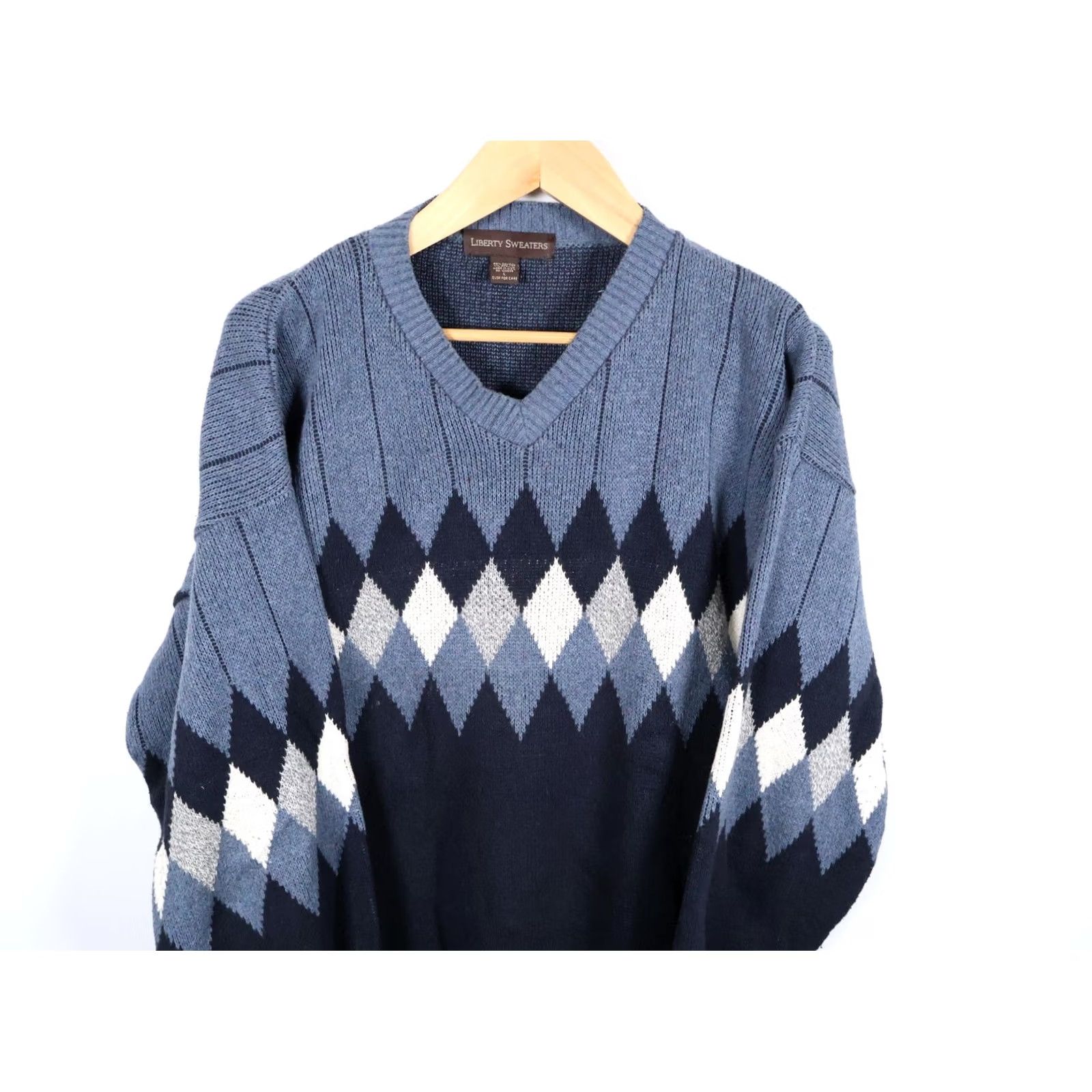 Vintage VINTAGE Liberty Sweater Mens Large Blue Argyle Diamond Heavyweight V-Neck Cotton Knit Size US L / EU 52-54 / 3 - 4 Thumbnail
