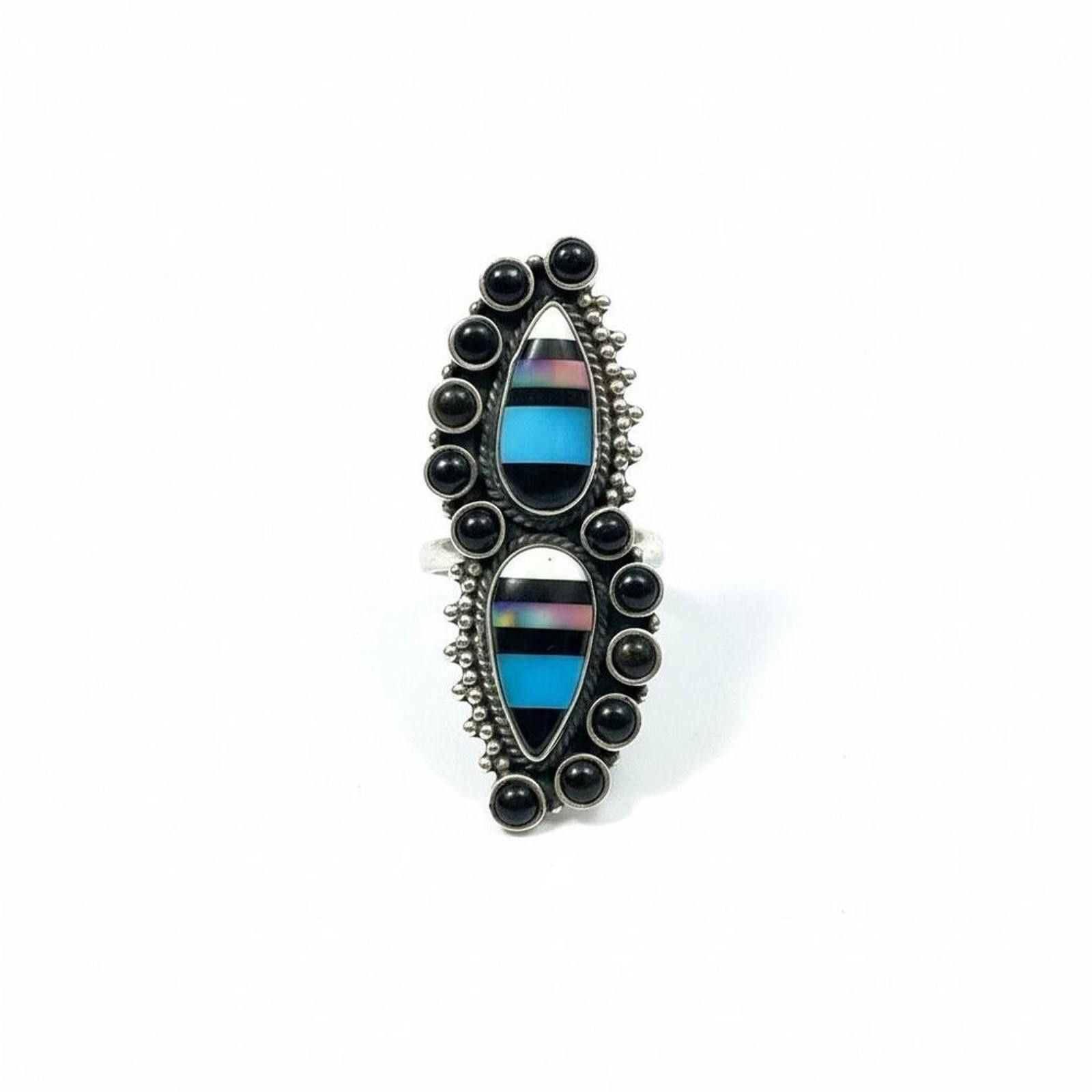 NBDN Nobrandedon Southwestern Aurora Opal & Onyx Sterling Silver Adj Ring Size ONE SIZE - 1 Thumbnail