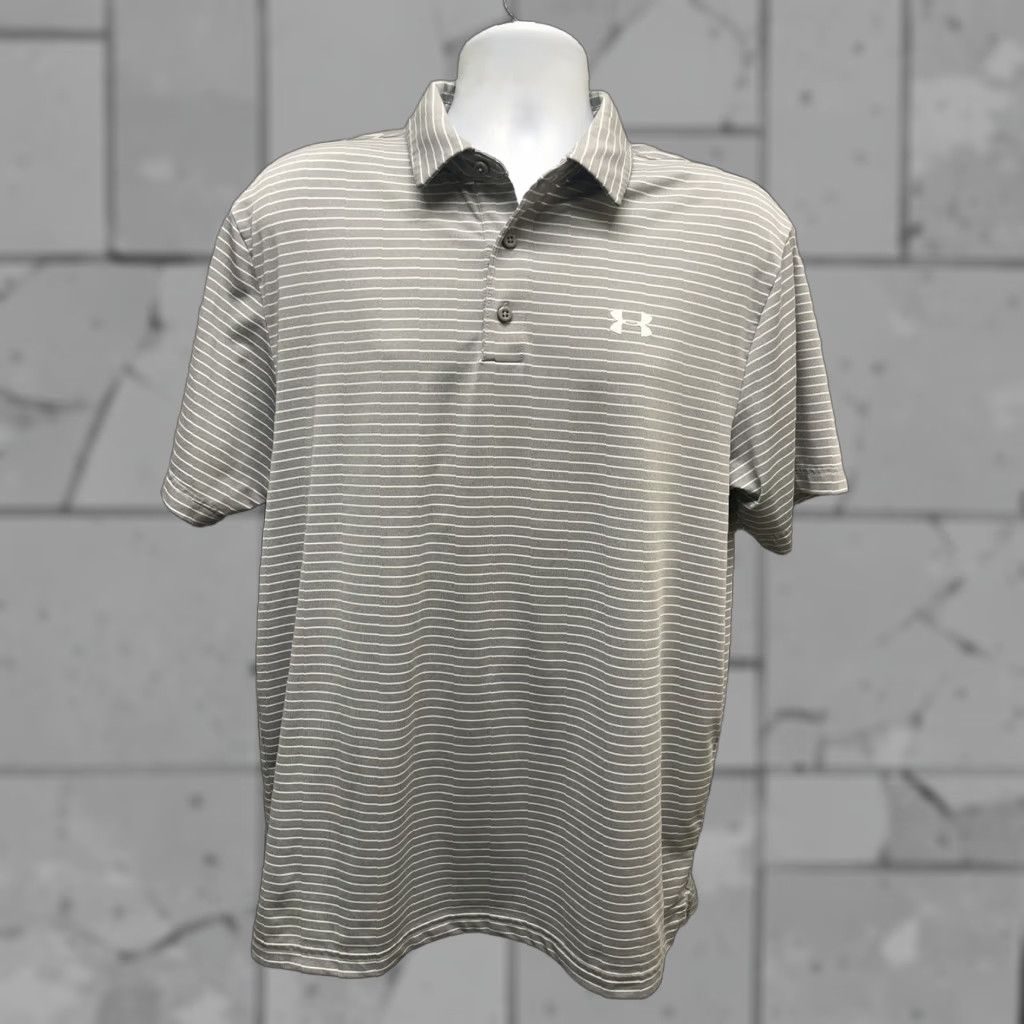 Under Armour VINTAGE Under Armour Golf Polo Mens Large HeatGear Gray Striped Shirt Adult Size US L / EU 52-54 / 3 - 1 Thumbnail