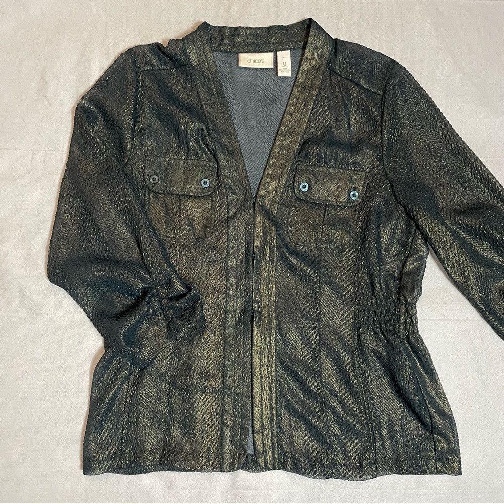 Chicos New Chico's Sheer Dark Green Metallic Lightweight Jacket Si Size S / US 4 / IT 40 - 6 Thumbnail