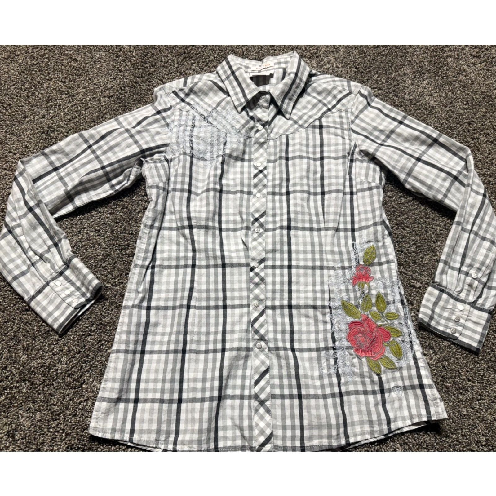 Ariat Ariat Western Cowgirl Women's Shirt Large Gray Plaid Embroidery Snap Size L / US 10 / IT 46 - 2 Thumbnail