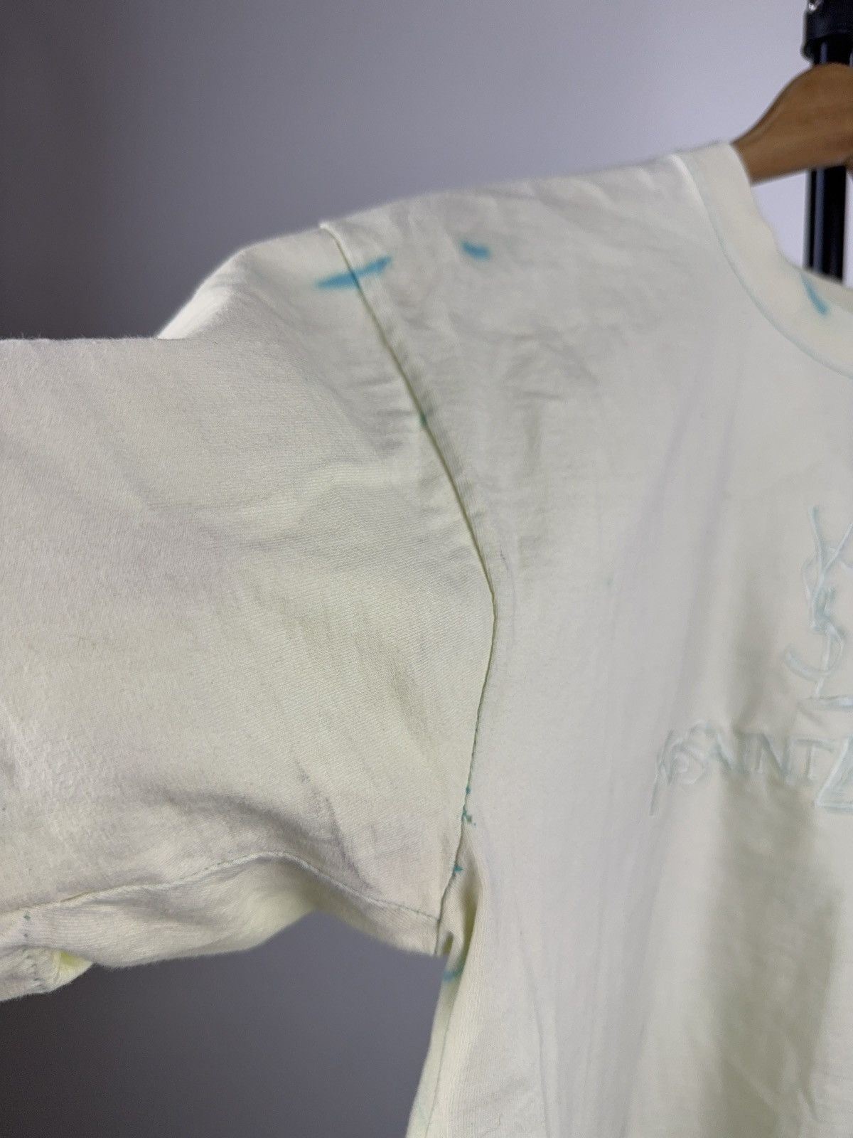 Vintage 90s Y2K Style Tee Bleach Dyed Mint Shirt YSL-Inspired Logo Size US M / EU 48-50 / 2 - 11 Thumbnail