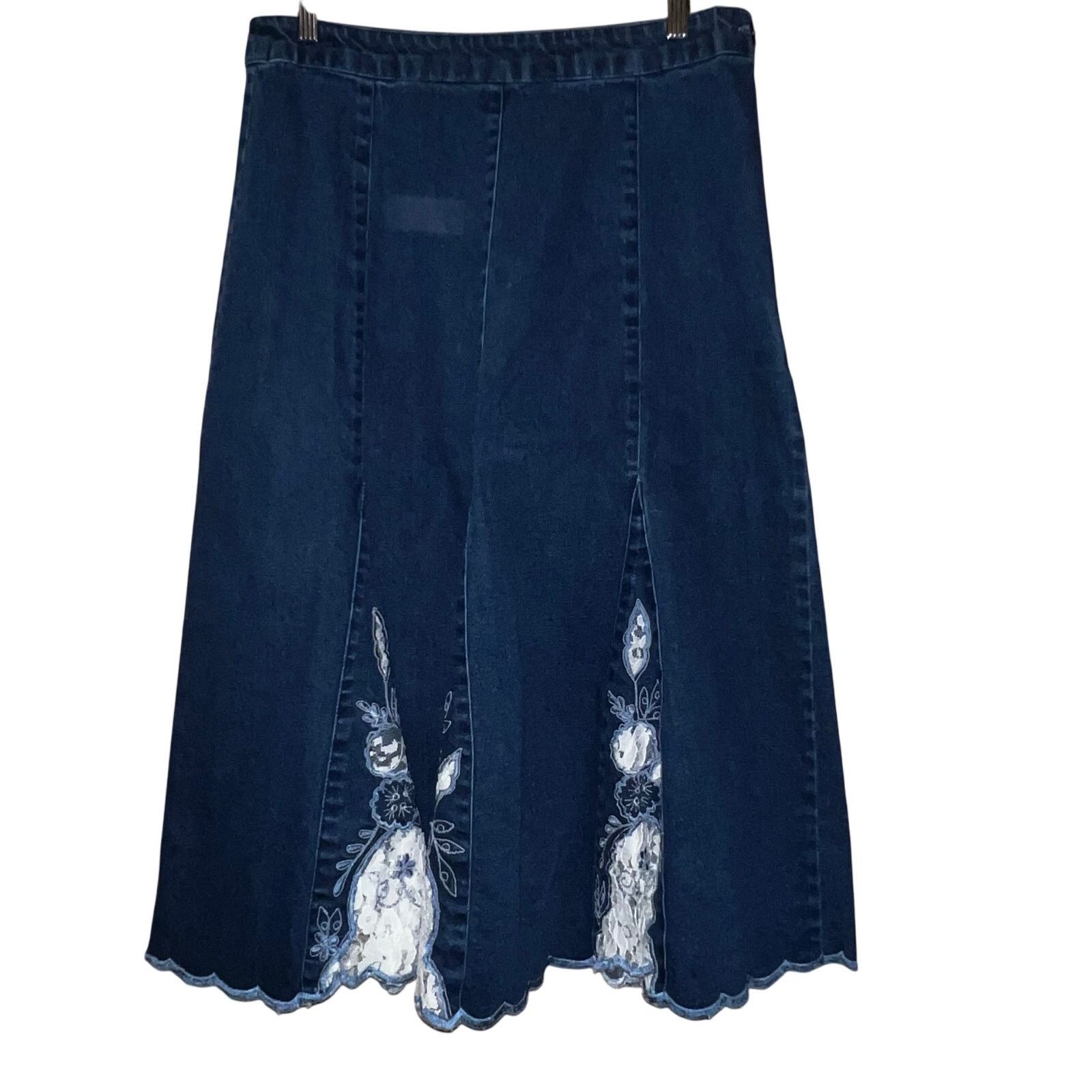 Other Vintage Choices Denim Tulip Skirt Lace Insets Petite MED Size 28" / US 6 / IT 42 - 2 Thumbnail