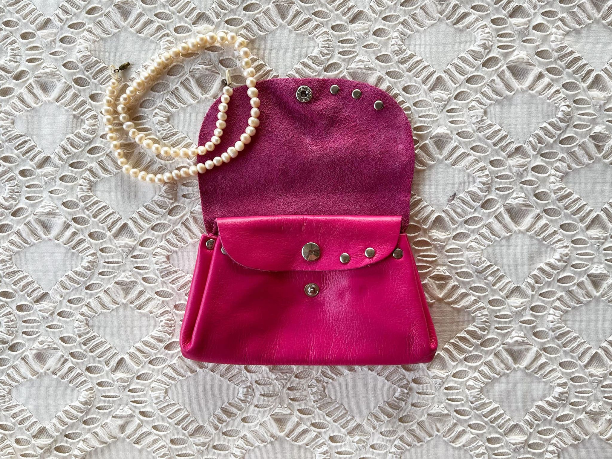 Vintage Fuchsia Genuine Leather mini flap bag, double flap bag Size ONE SIZE - 6 Thumbnail